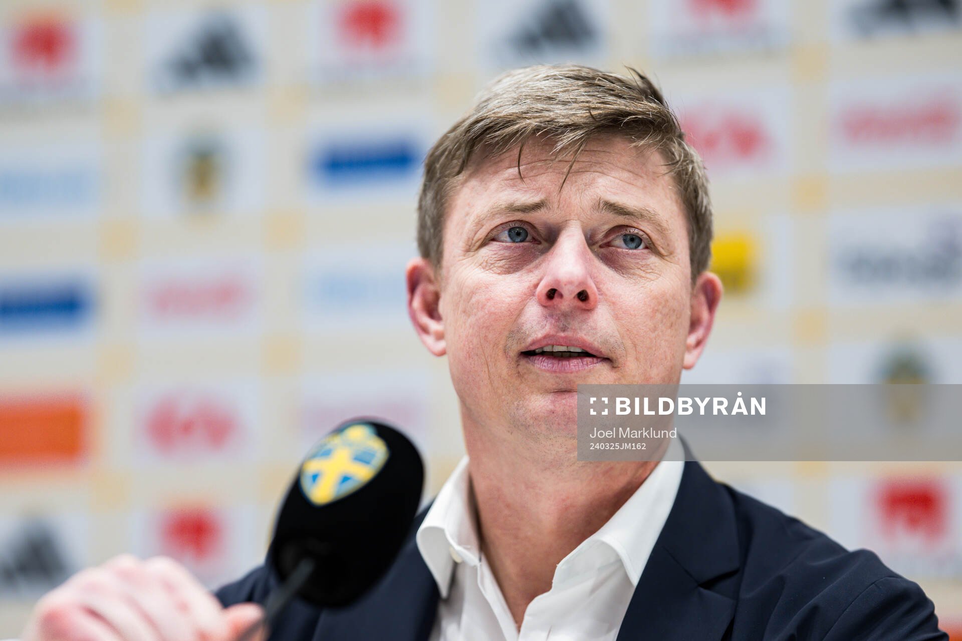 Head coach Jon Dahl Tomasson of Sweden during a press conference after the international friendly football match between Sweden and Albania on March 25, 2024 in Stockholm.