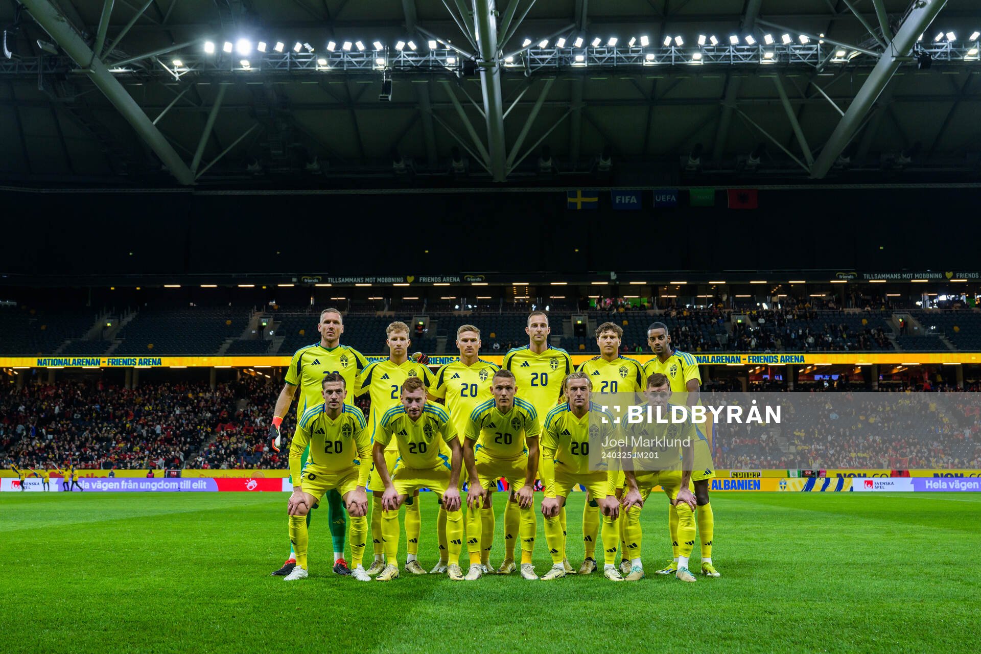 The starting eleven of Sweden during the international friendly football match between Sweden and Albania on March 25, 2024 in Stockholm. Top row, left to right: goalkeeper Robin Olsen, Samuel Gustafson, Carl Starfelt, Gustaf Nilsson, Victor Nilsson Lindelöf and Alexander Isak. Bottom row: Simon Olsson, Dejan Kulusevski, Ludwig Augustinsson, Emil Forsberg and Emil Krafth.