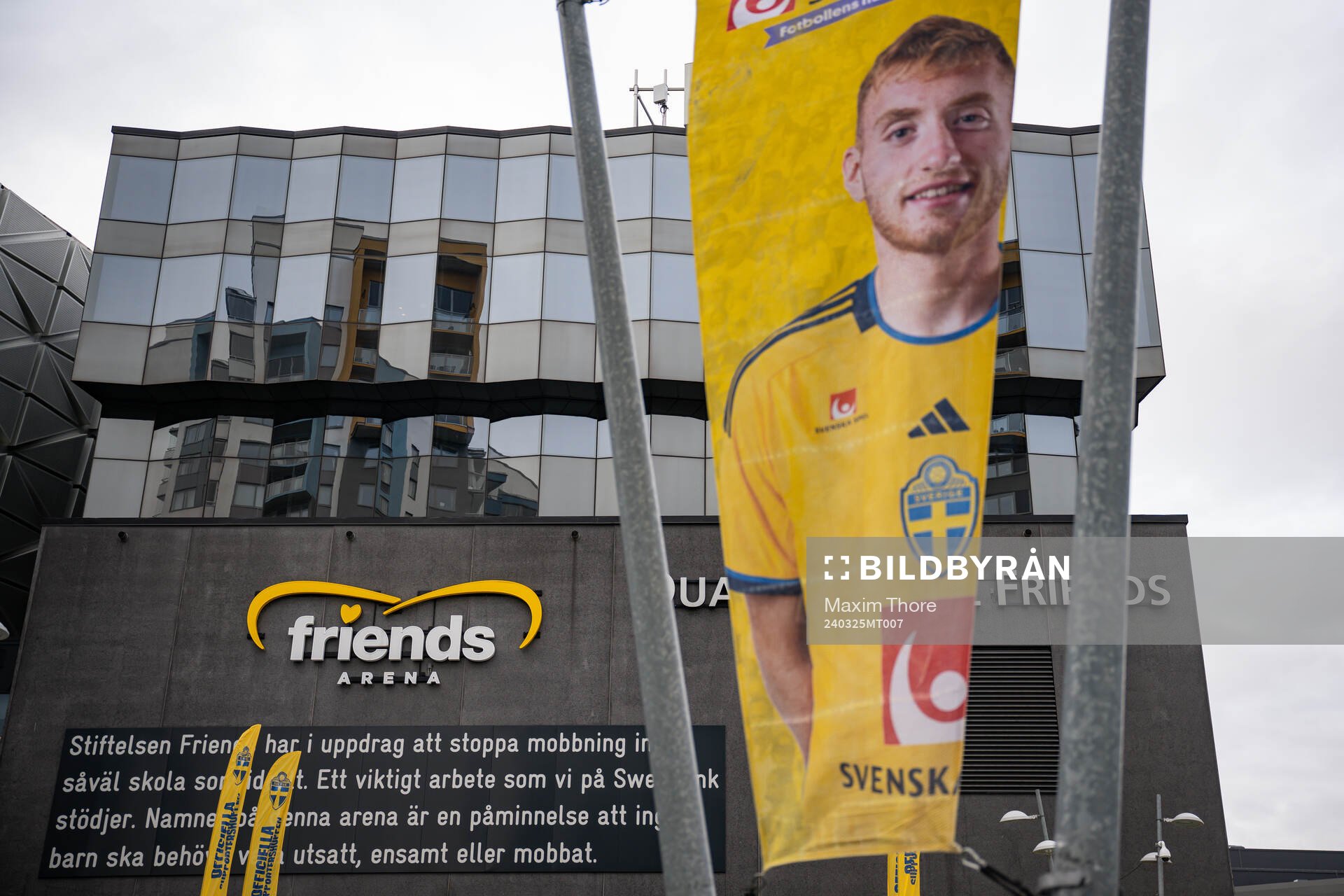 Dejan Kulusevski of Sweden is shown on a advertising pillar outside of Friends Arena ahead of the international friendly football match between Sweden and Albania on March 25, 2024 in Stockholm. 