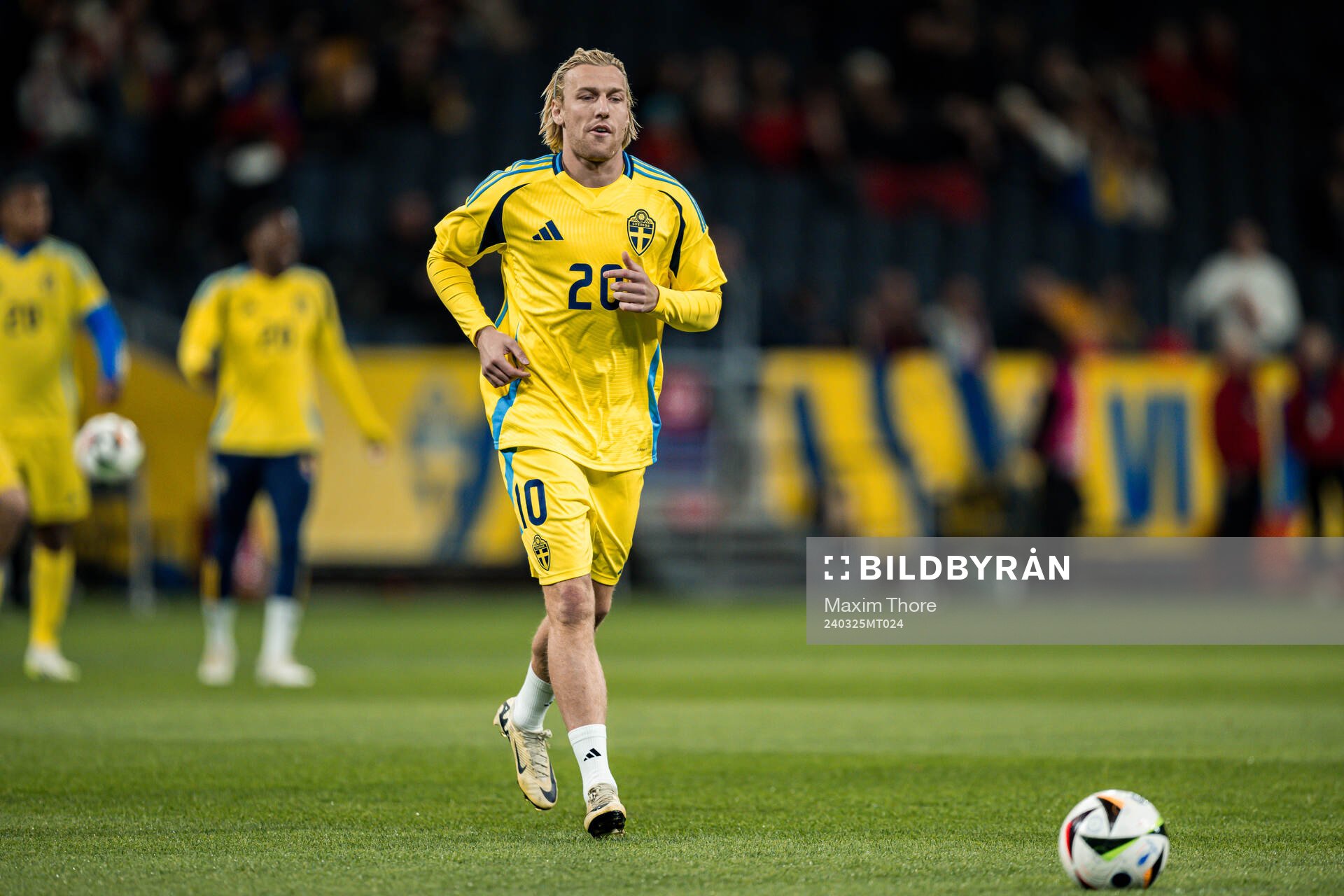 Emil Forsberg of Sweden wearing jersey number 20, honouring hospitalised player Kristoffer Olsson, ahead of the international friendly football match between Sweden and Albania on March 25, 2024 in Stockholm.