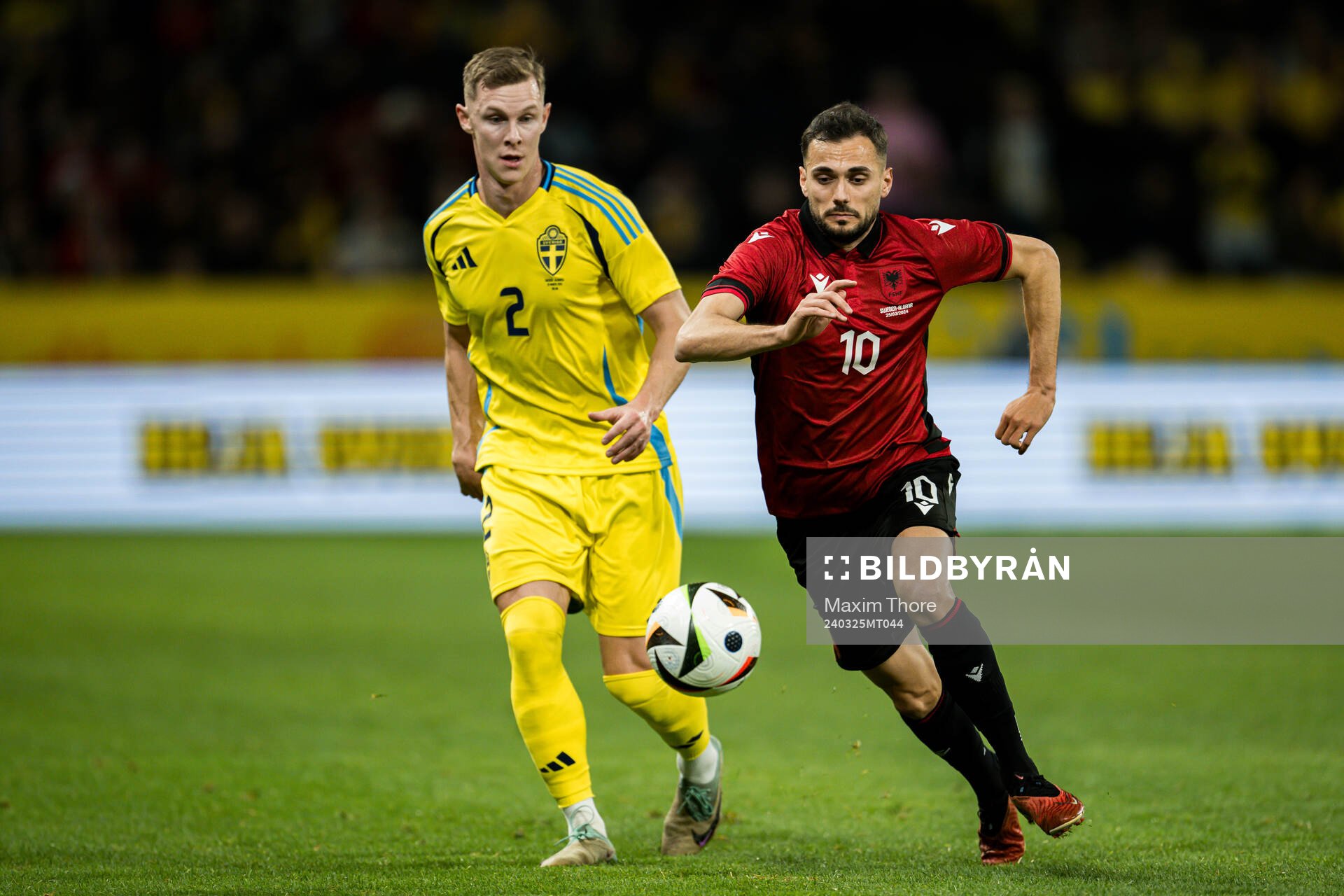 Emil Krafth of Sweden and Nedim Bajrami of Albania