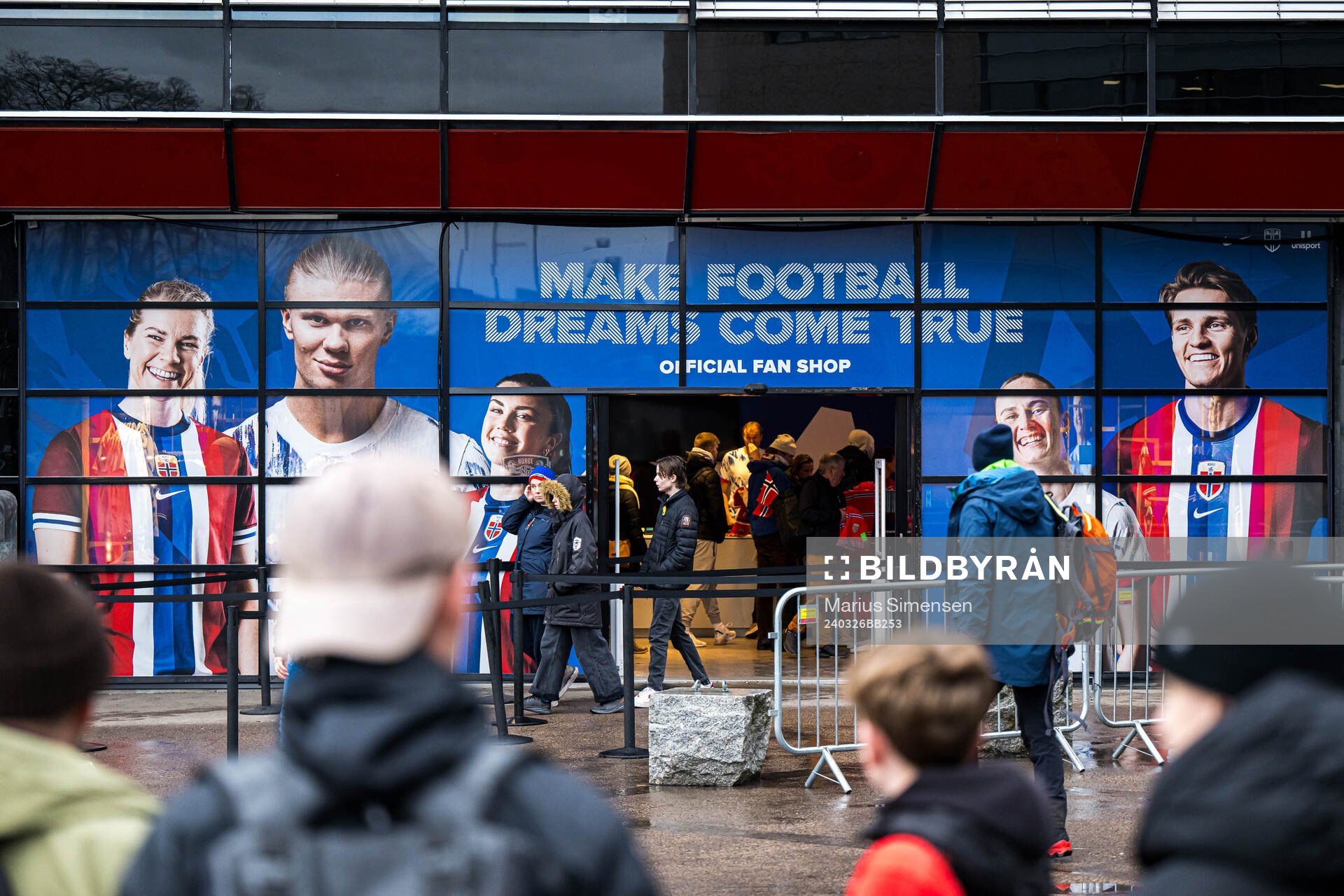 General exterior view of the fan shop outside Ullevaal Stadion ahead of the international friendly football match between Norway and Slovakia on March 26, 2024 in Oslo.