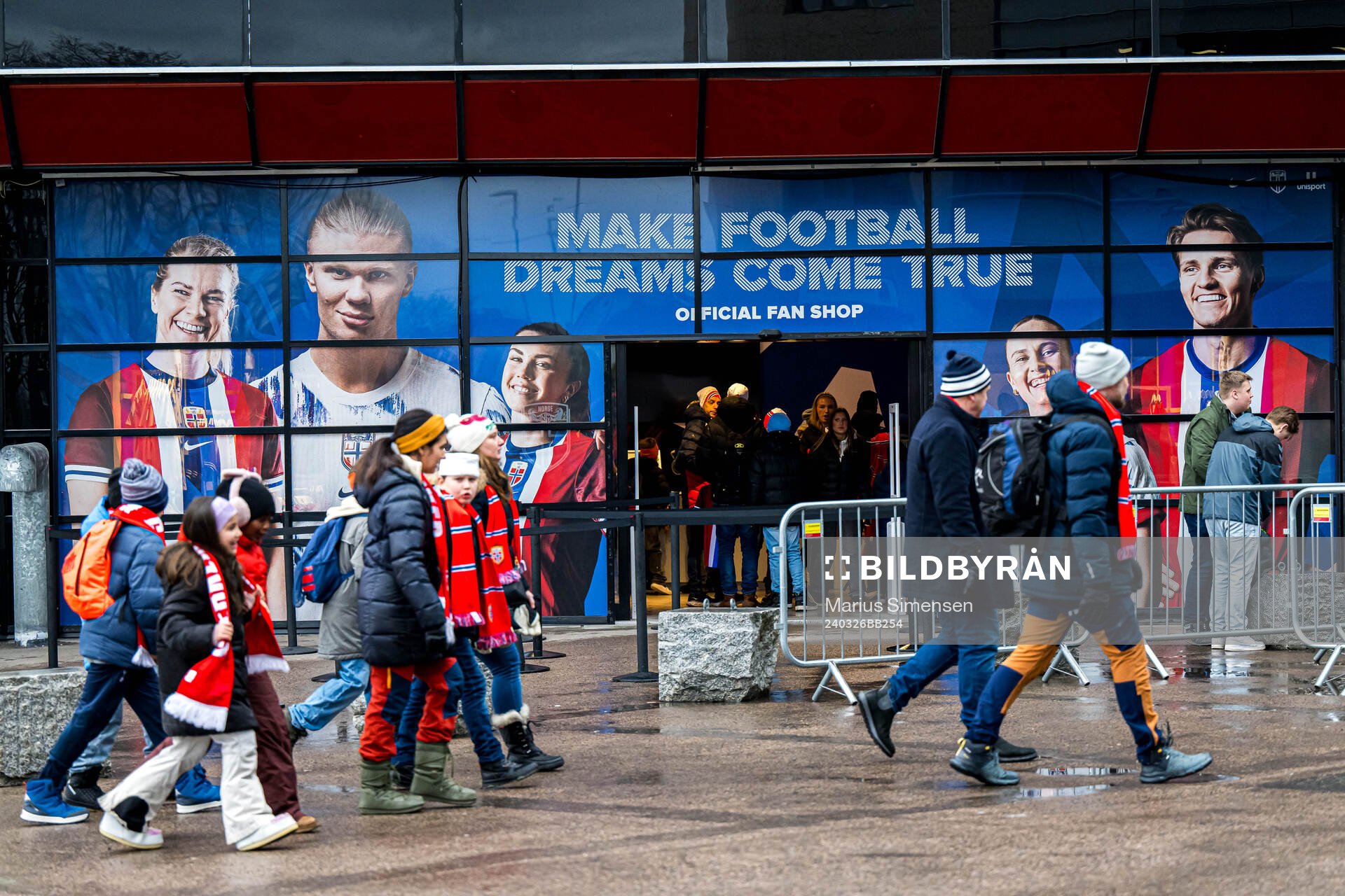 General exterior view of the fan shop outside Ullevaal Stadion ahead of the international friendly football match between Norway and Slovakia on March 26, 2024 in Oslo.