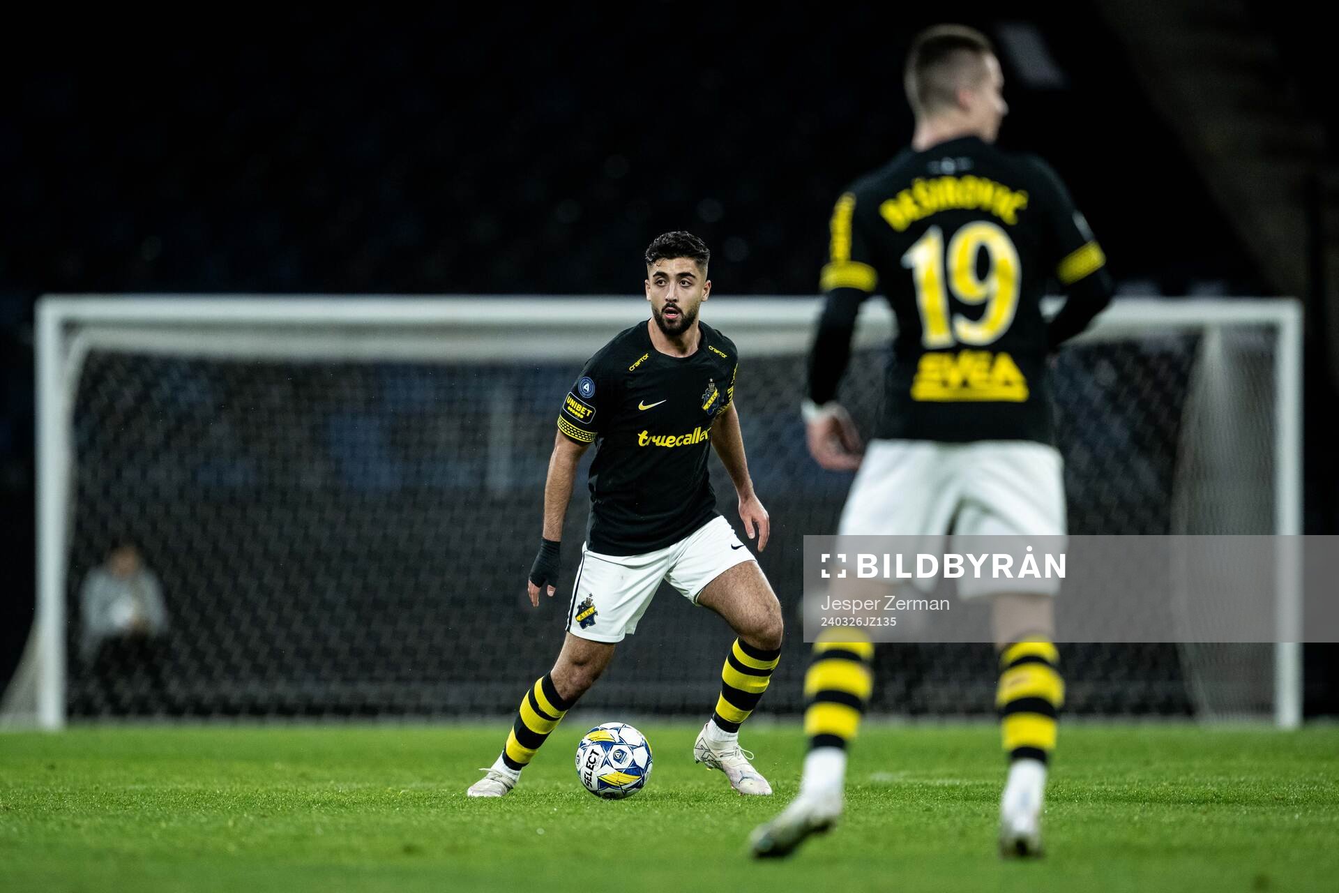 AIKs Ahmad Faqa under träningsmatchen i fotboll mellan AIK och Vålerenga den 26 mars 2024 i Stockholm. 