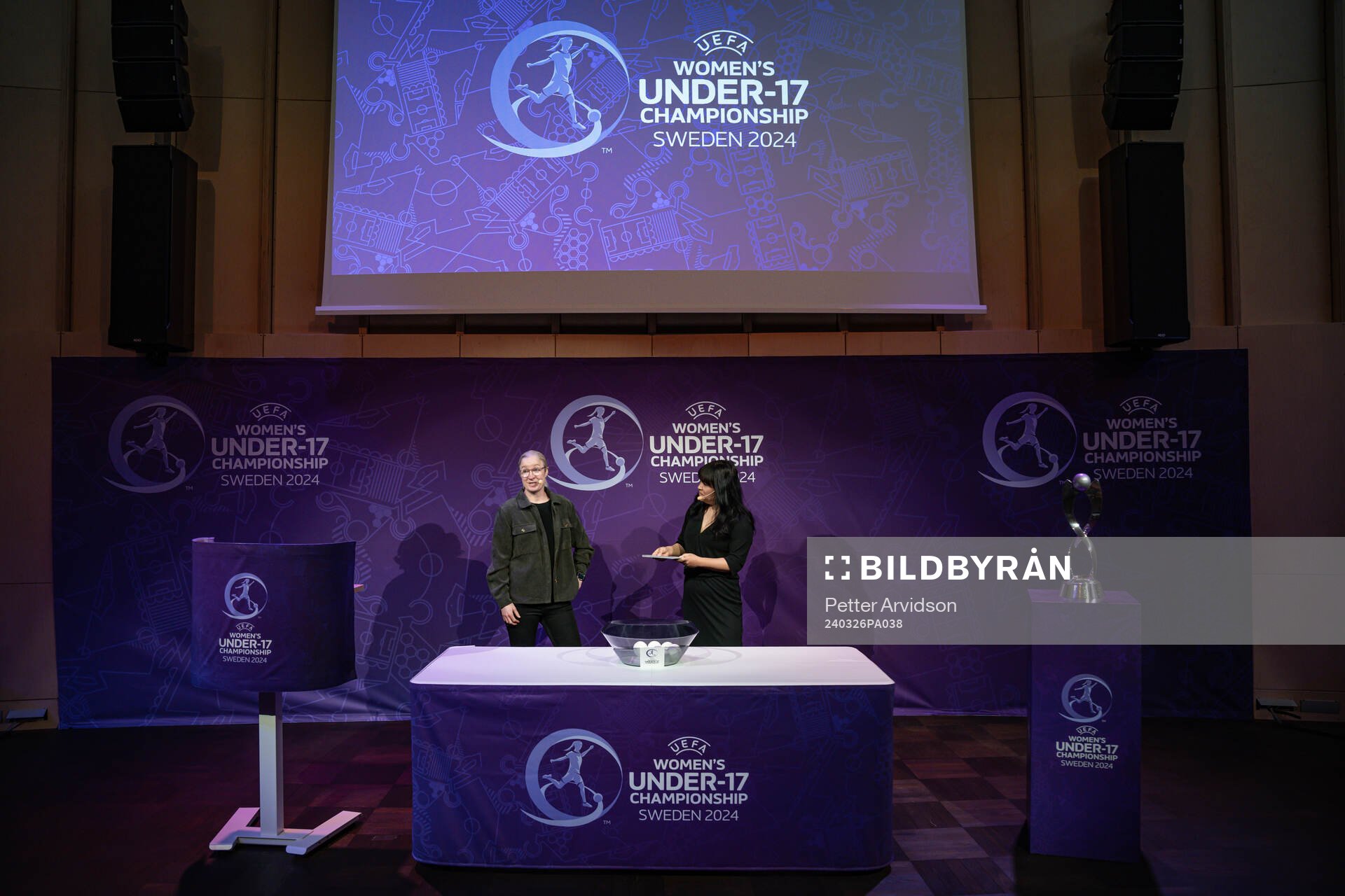 Victoria Sandell, Tournament Ambassador, and Anna Braun, host, during the UEFA European Women’s Under-17 Championship 2023/24 Final Tournament Draw at Lund City Hall on March 26, 2024 in Lund, Sweden.