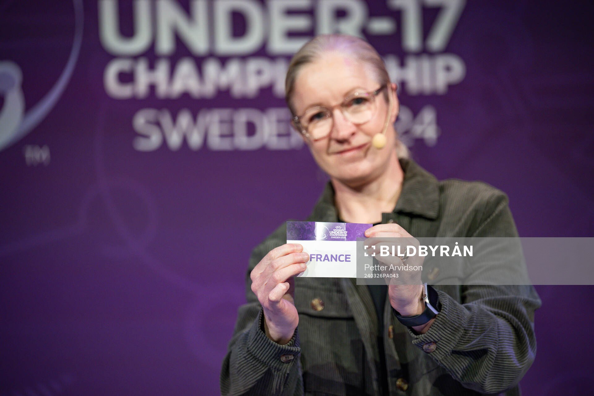 Victoria Sandell, Tournament Ambassador, shows France in the draw, during the UEFA European Women’s Under-17 Championship 2023/24 Final Tournament Draw at Lund City Hall on March 26, 2024 in Lund, Sweden.