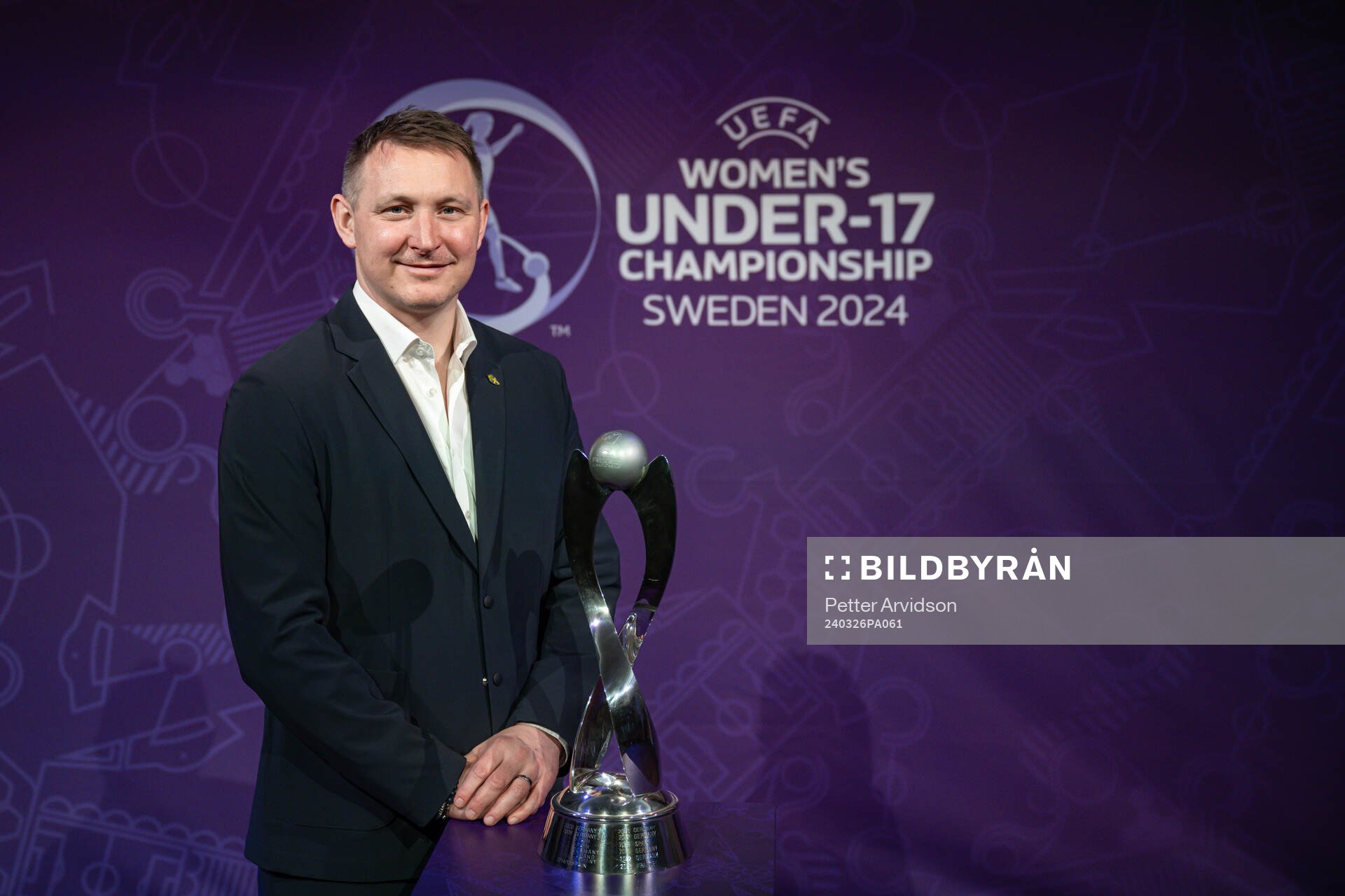 Kim Källström, Head of Football at the Swedish Football Association, poses with the trophy, during the UEFA European Women’s Under-17 Championship 2023/24 Final Tournament Draw at Lund City Hall on March 26, 2024 in Lund, Sweden.