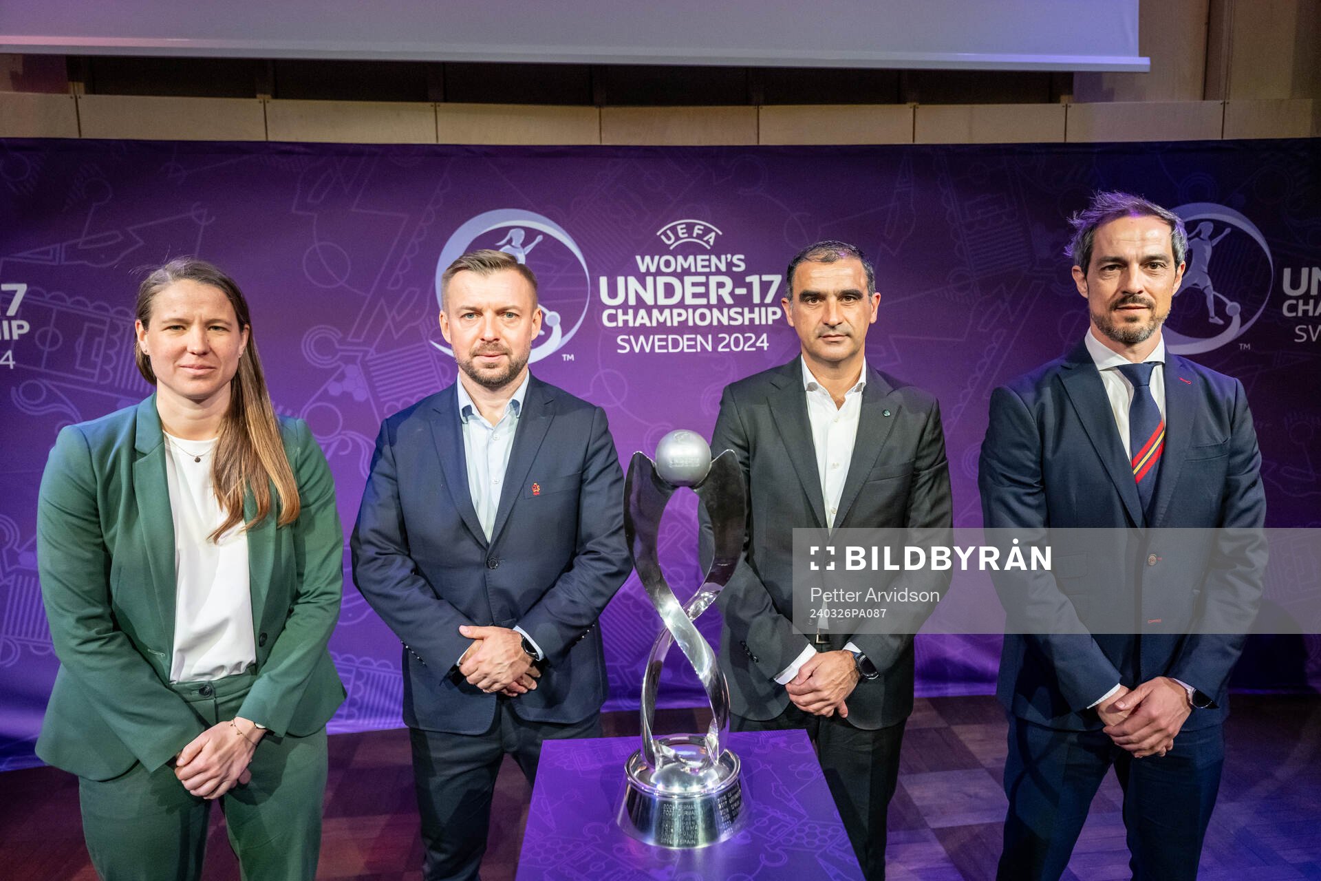 Representatives from Group B: Belgium, Spain, Poland and Portugal during the UEFA European Women’s Under-17 Championship 2023/24 Final Tournament Draw at Lund City Hall on March 26, 2024 in Lund, Sweden.