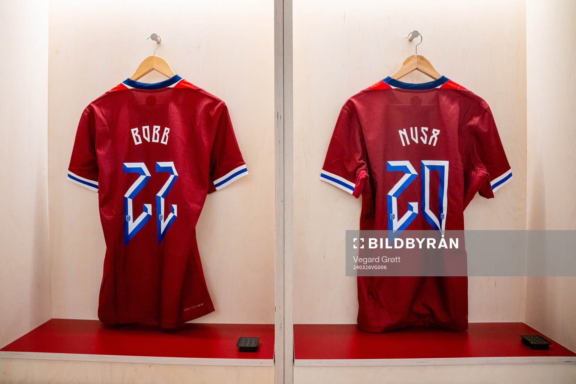 The kits of Oscar Bobb and Antonio Nusa of Norway in the