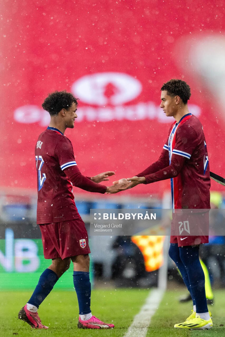 Oscar Bobb and Antonio Nusa of Norway during the international friendly football match between Norway and Slovakia on March 26, 2024 in Oslo.