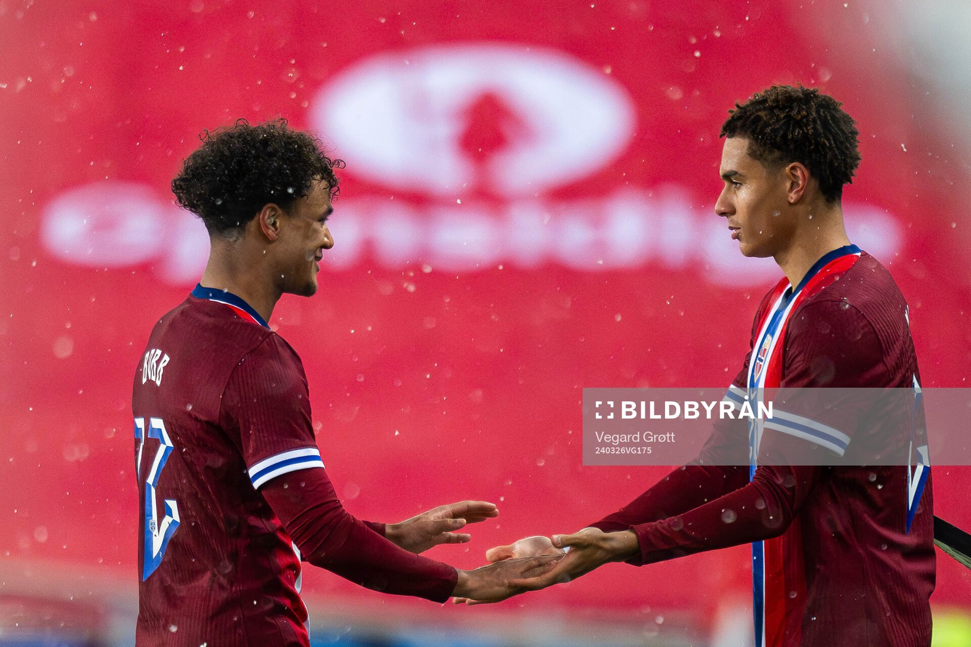 Oscar Bobb and Antonio Nusa of Norway during the international friendly football match between Norway and Slovakia on March 26, 2024 in Oslo.