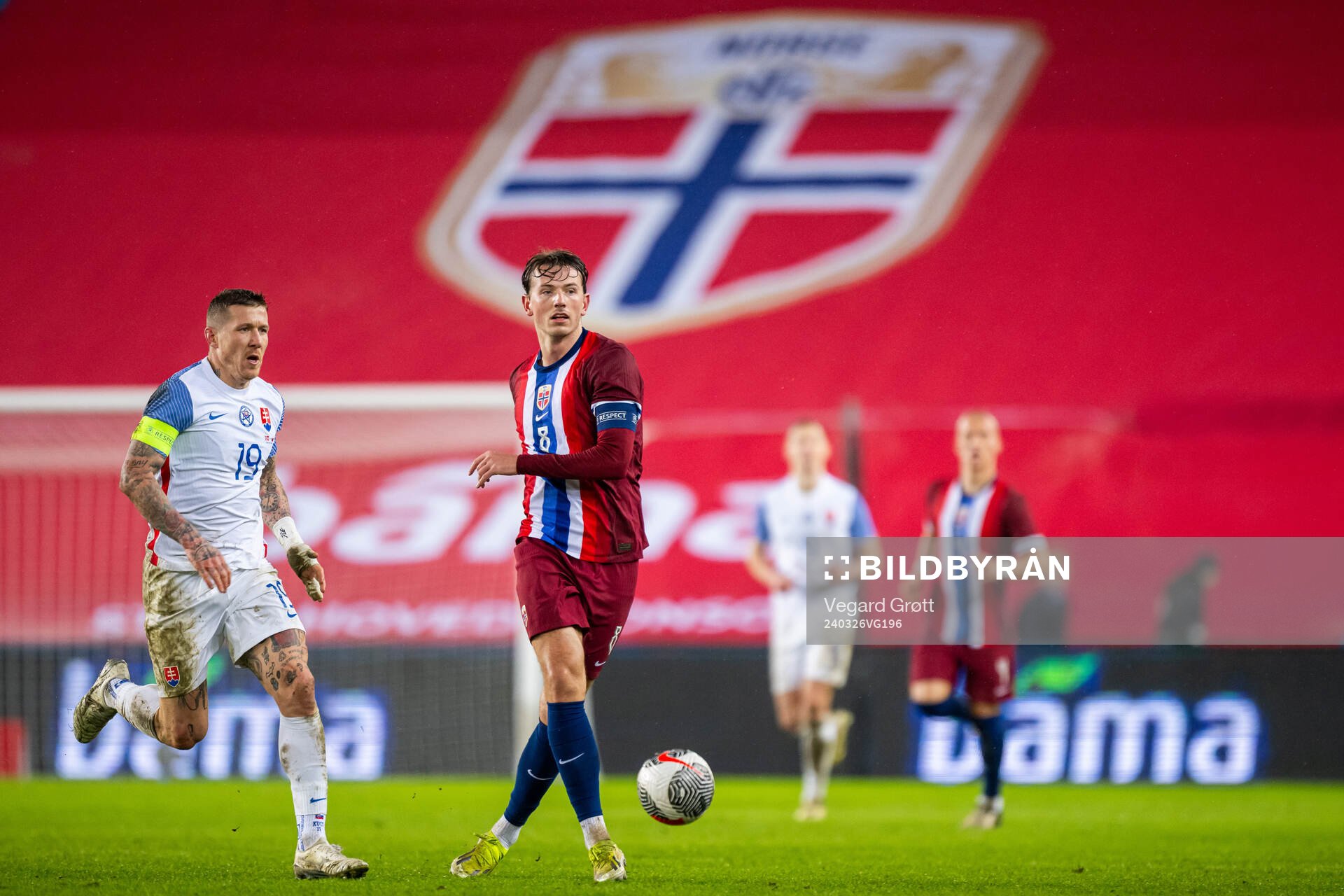 Juraj Kucka of Slovakia and Sander Berge of Norway during the international friendly football match between Norway and Slovakia on March 26, 2024 in Oslo.