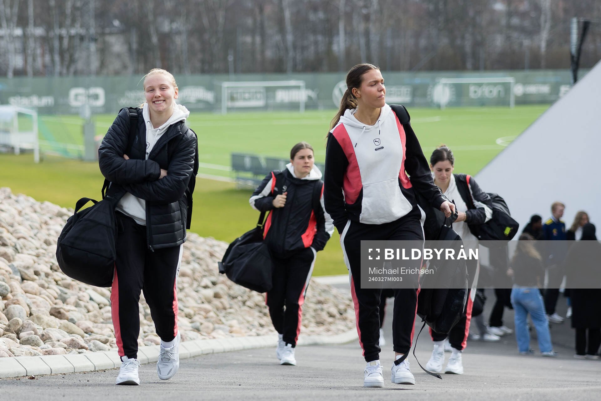 Johanna Fossdalsá Sørensen and Goalkeeper Kajsa Höglund Jansson of Häcken during travel with Häcken to the UEFA Women's Champions League against Paris Saint-Germain on March 27, 2024 in Göteborg.
