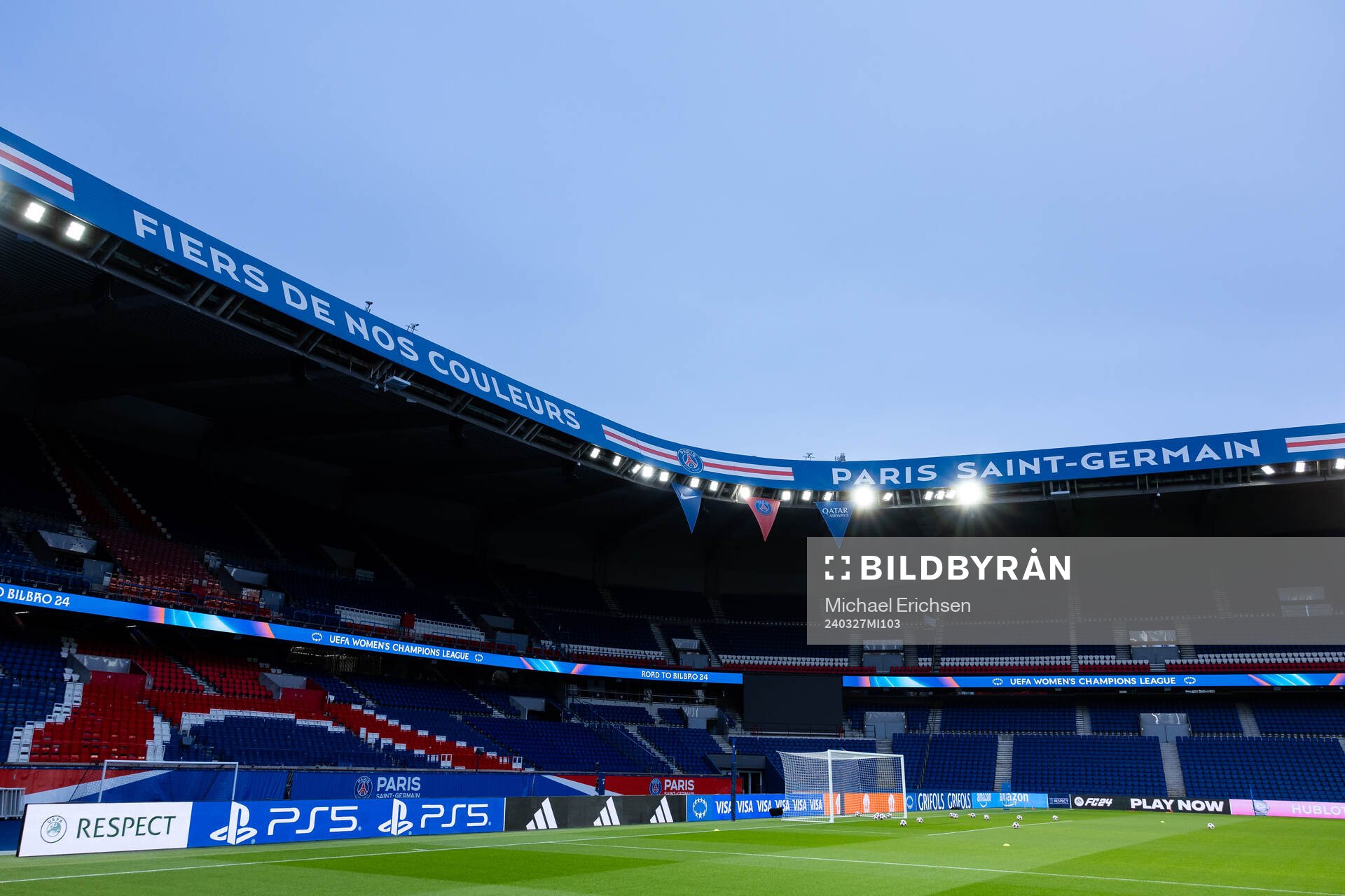 Generel view of arena Parc des Princes during a training session with Häcken on March 27, 2024 in Paris.