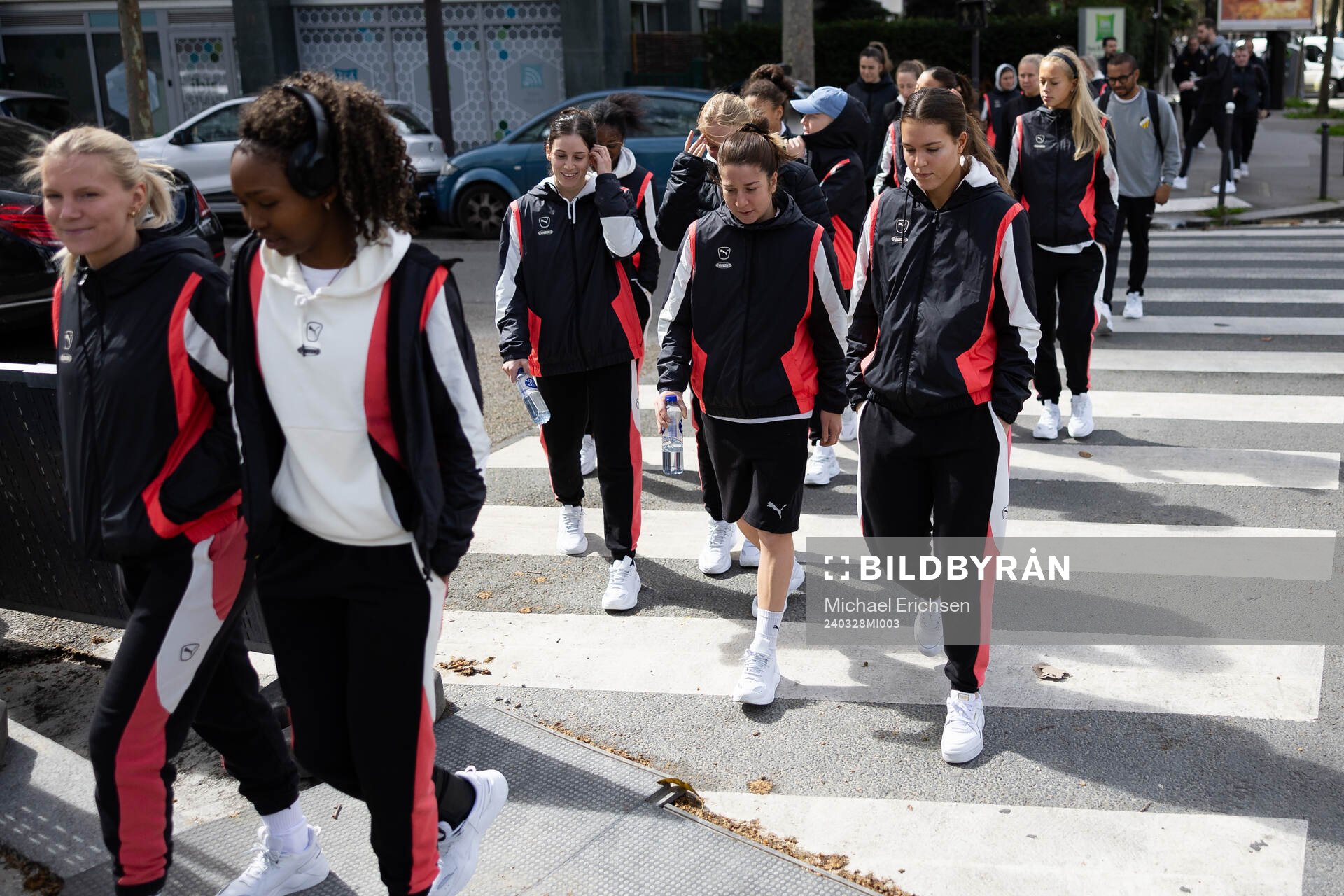 Clarissa Larisey, Ruby Grant and goalkeeper Kajsa Höglund Jansson of Häcken during a pregame walk with Häcken on March 28, 2024 in Paris.