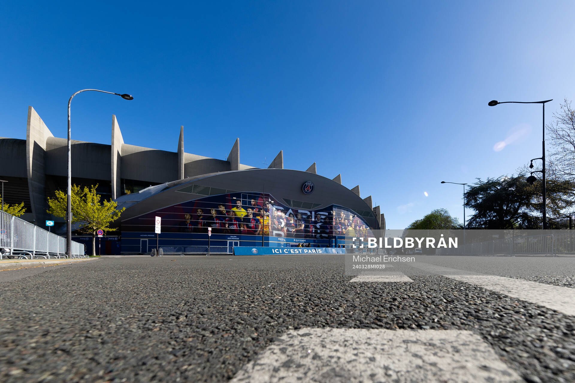 General exterior view of Parc des Princes ahead of the UEFA Women's Champions League football match quarterfinal two between Paris Saint Germain and Häcken on March 28, 2024 in Paris.