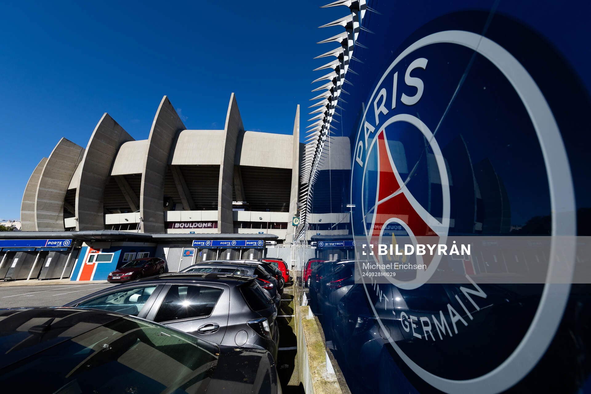 General exterior view of Parc des Princes ahead of the UEFA Women's Champions League football match quarterfinal two between Paris Saint Germain and Häcken on March 28, 2024 in Paris.