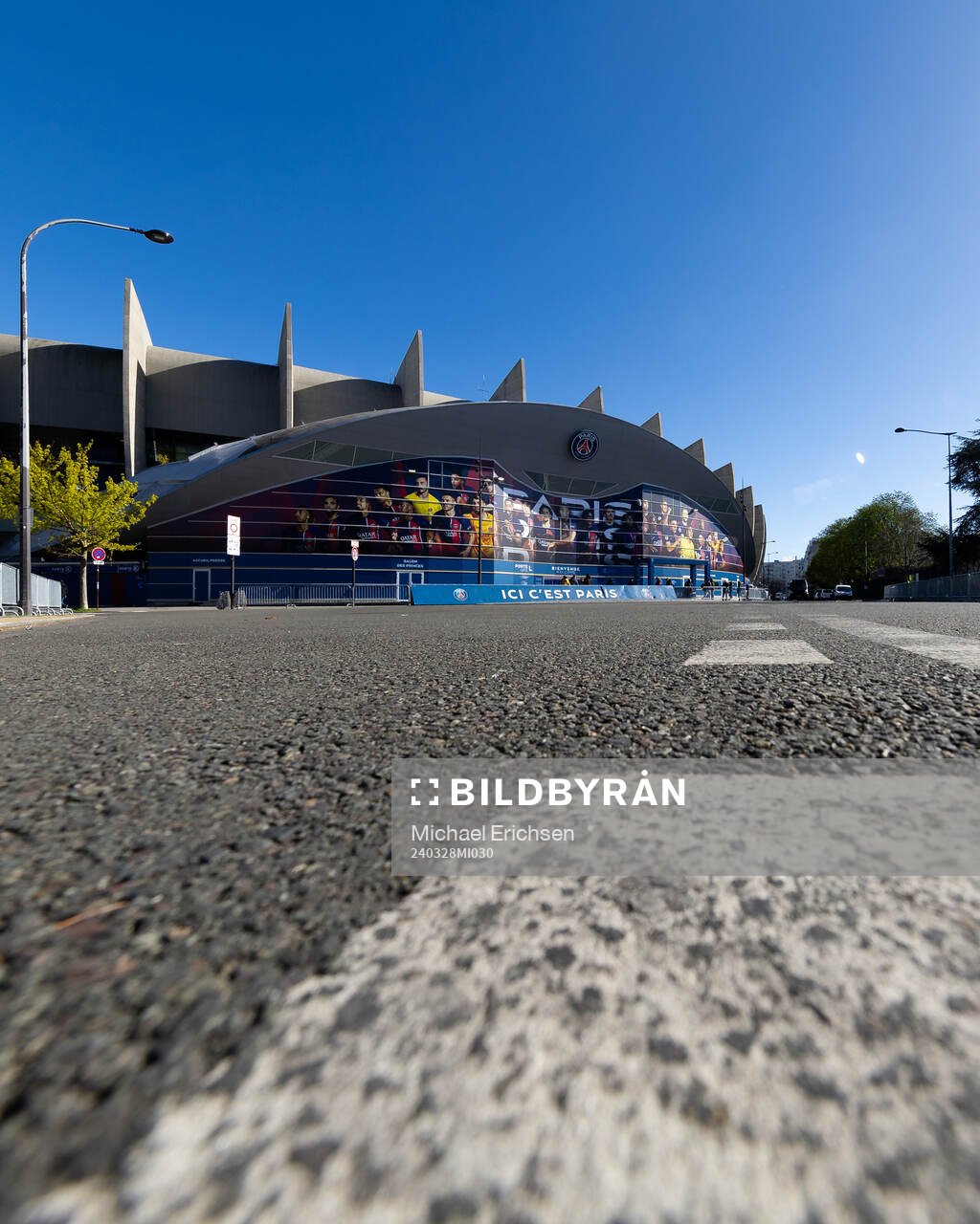 General exterior view of Parc des Princes ahead of the UEFA Women's Champions League football match quarterfinal two between Paris Saint Germain and Häcken on March 28, 2024 in Paris.