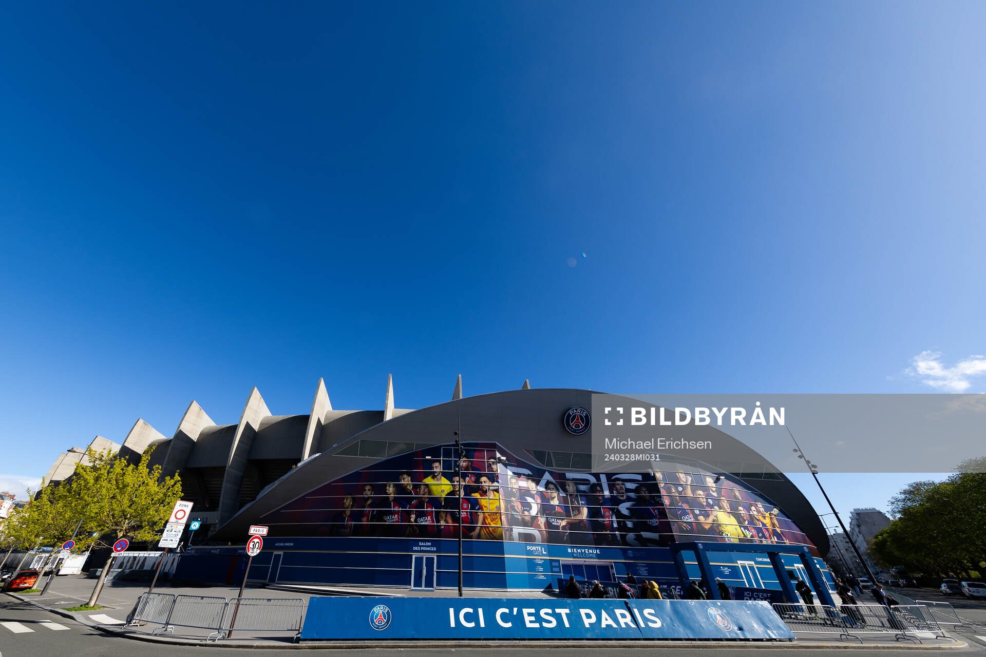 General exterior view of Parc des Princes ahead of the UEFA Women's Champions League football match quarterfinal two between Paris Saint Germain and Häcken on March 28, 2024 in Paris.