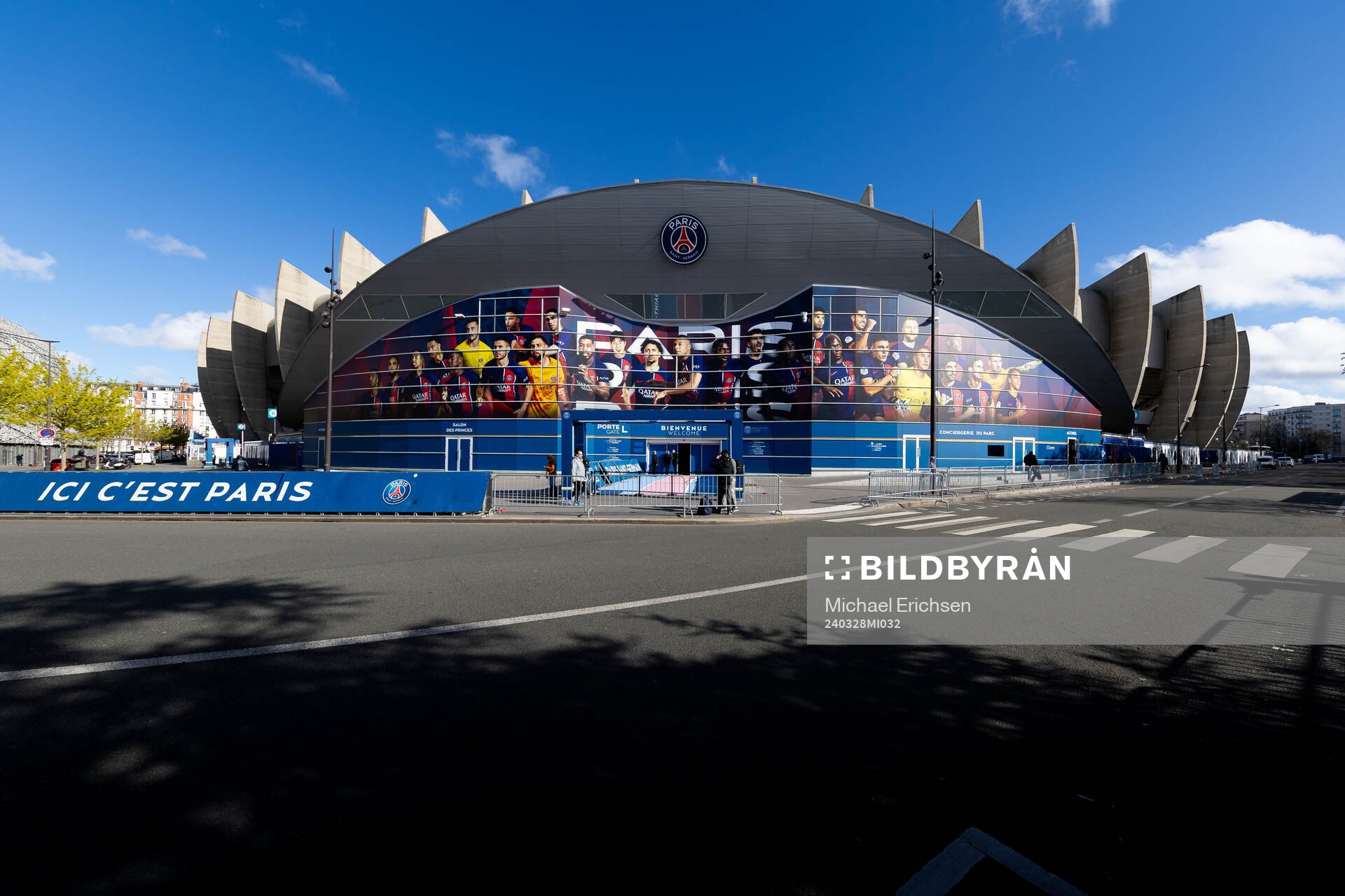 General exterior view of Parc des Princes ahead of the UEFA Women's Champions League football match quarterfinal two between Paris Saint Germain and Häcken on March 28, 2024 in Paris.