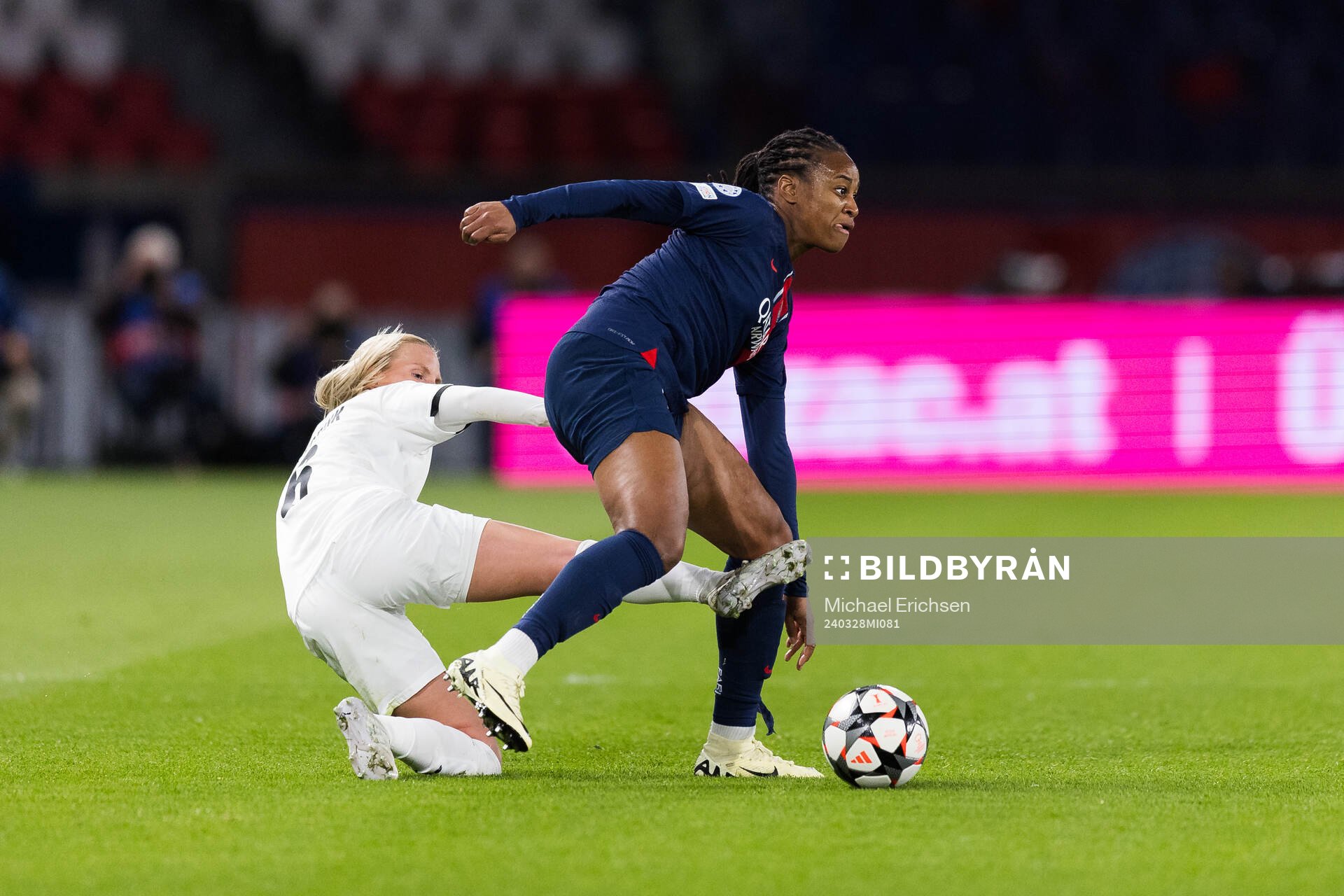Josefine Rybrink of Häcken and Marie-Antoinette Katoto of Paris Saint Germain during the UEFA Women's Champions League football match quarterfinal two between Paris Saint Germain and Häcken on March 28, 2024 in Paris. 