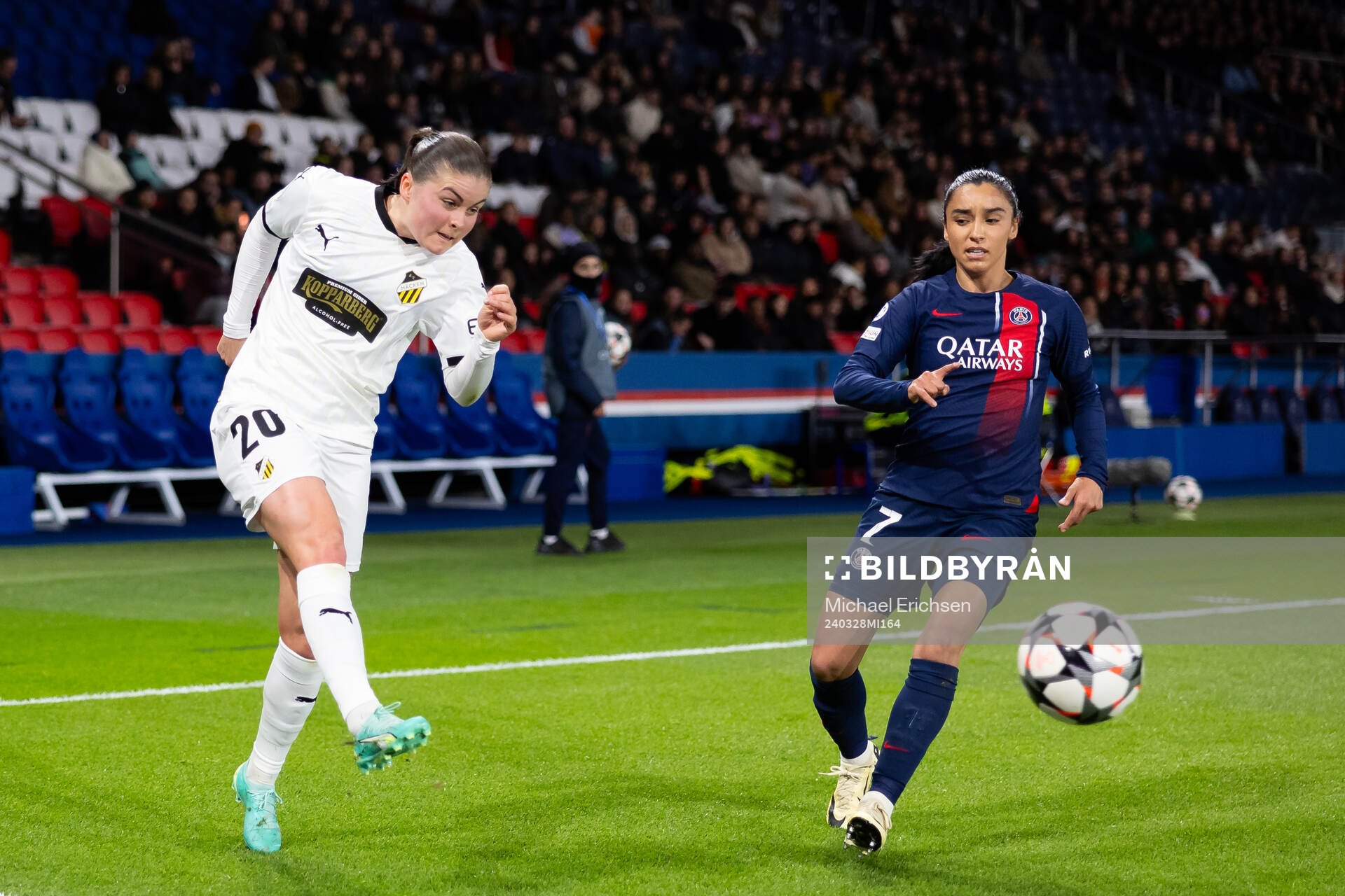 Hanna Wijk of Häcken and Sakina Karchaoui of Paris Saint Germain during the UEFA Women's Champions League football match quarterfinal two between Paris Saint Germain and Häcken on March 28, 2024 in Paris.