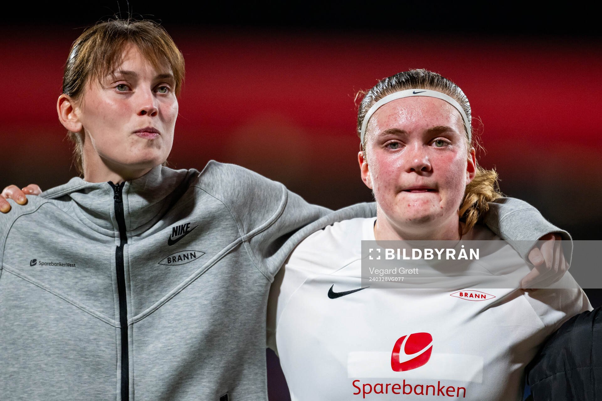 Rakel Engesvik and Signe Gaupset of Brann after the UEFA Women's Champions League quarterfinal football match between Barcelona and Brann on March 28, 2024 in Barcelona.