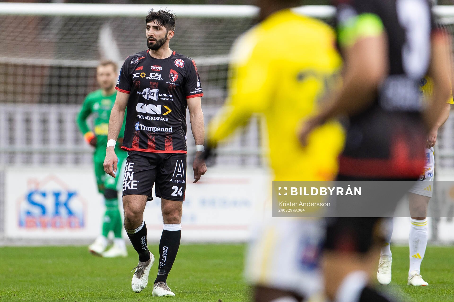 Trollhättans Cihan Sener under fotbollsmatchen i Ettan södra mellan Falkenberg och Trollhättan den 29 mars 2024 i Falkenberg.