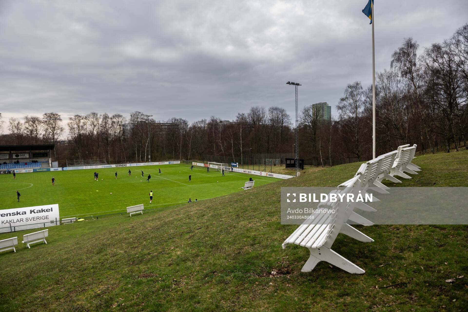 Harlyckans IP interiör under fotbollsmatchen i Division 1 södra mellan Eskilsminne och Tvååkers IF den 30 mars 2024 i Helsingborg.