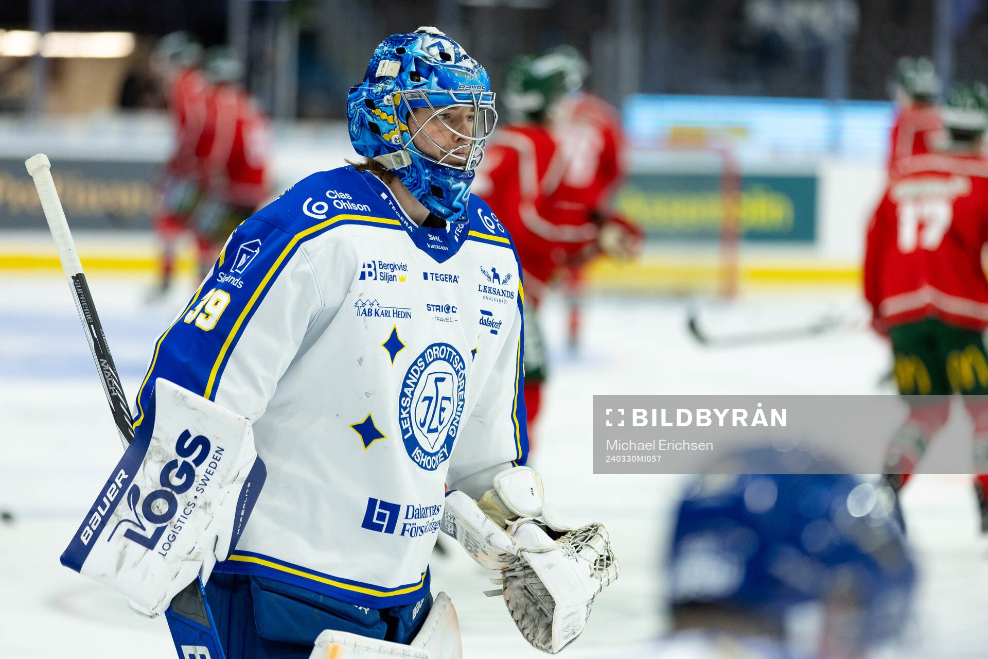 Leksands målvakt Filip Larsson innan kvartsfinal fem i SHL