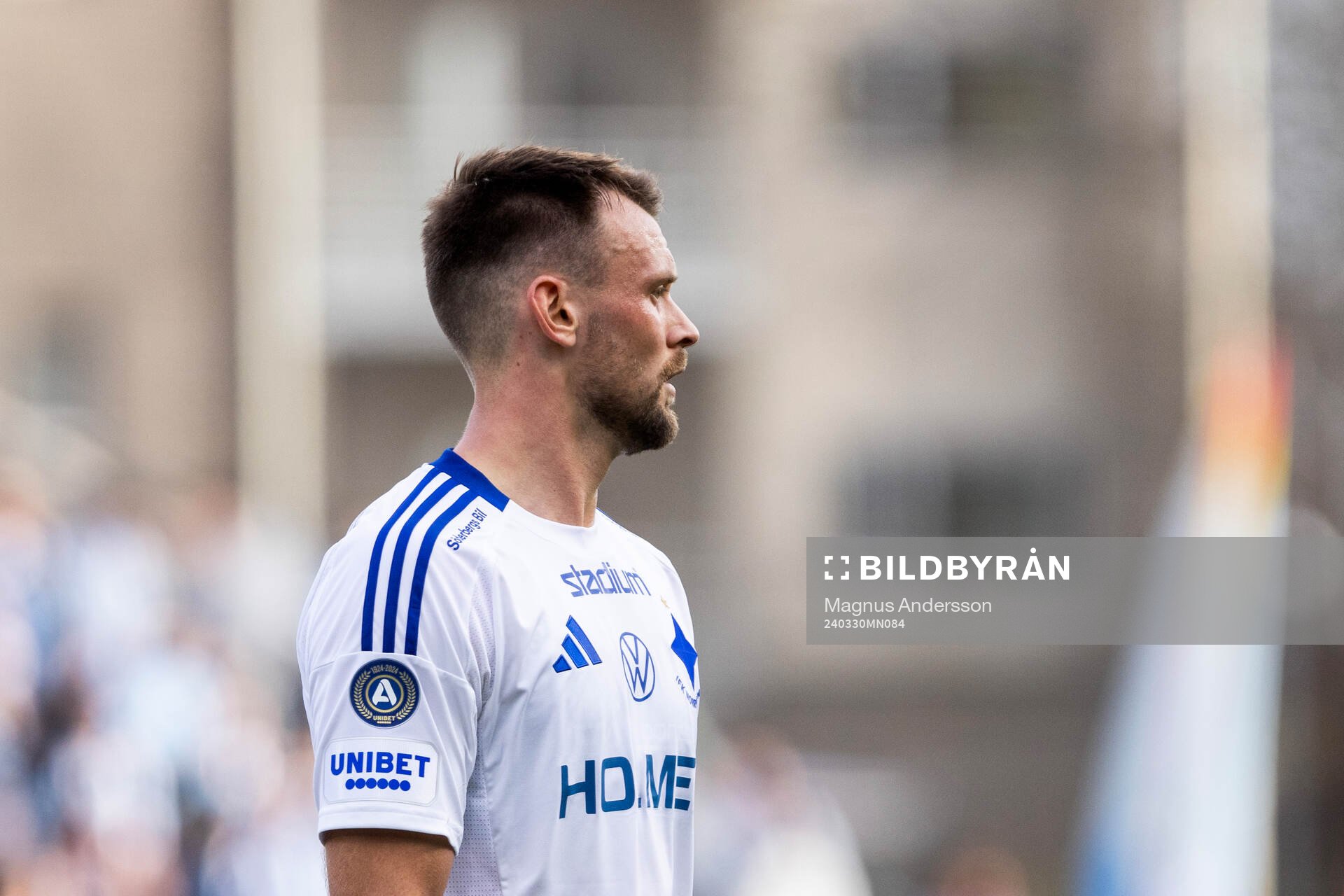 IFK Norrköpings Max Watson under fotbollsmatchen i Allsvenskan mellan IFK Norrköping och Malmö FF den 30 mars 2024 i Norrköping. 
