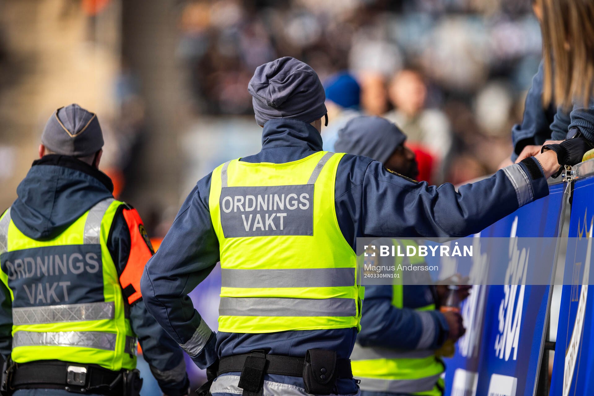Ordningsvakter under fotbollsmatchen i Allsvenskan mellan IFK Norrköping och Malmö FF den 30 mars 2024 i Norrköping. 