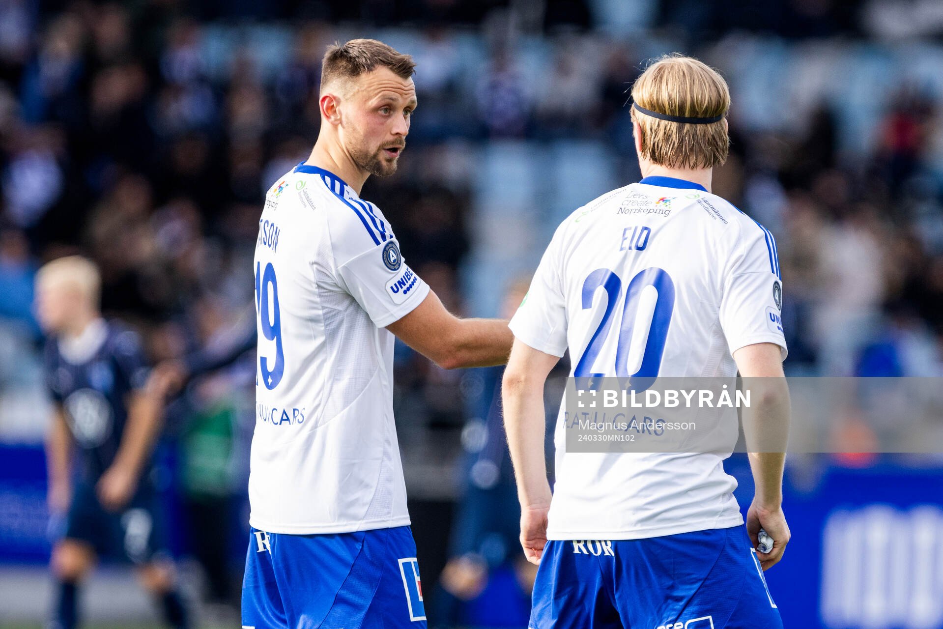 IFK Norrköpings Max Watson under fotbollsmatchen i Allsvenskan mellan IFK Norrköping och Malmö FF den 30 mars 2024 i Norrköping. 