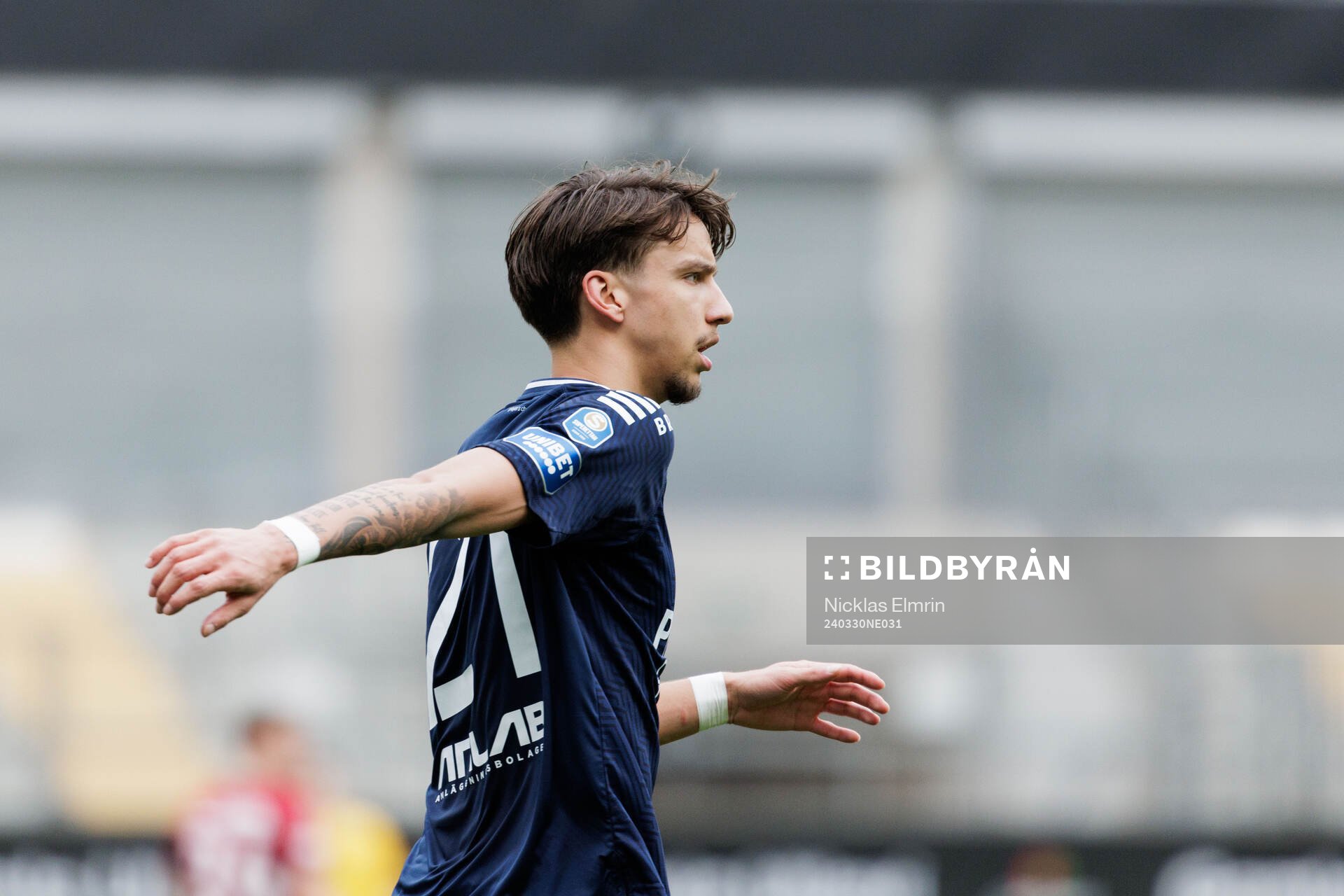 Utsiktens Kevin Rodeblad Lowe under fotbollsmatchen i Superettan mellan Örgryte och Utsikten den 30 mars 2024 i Göteborg. 