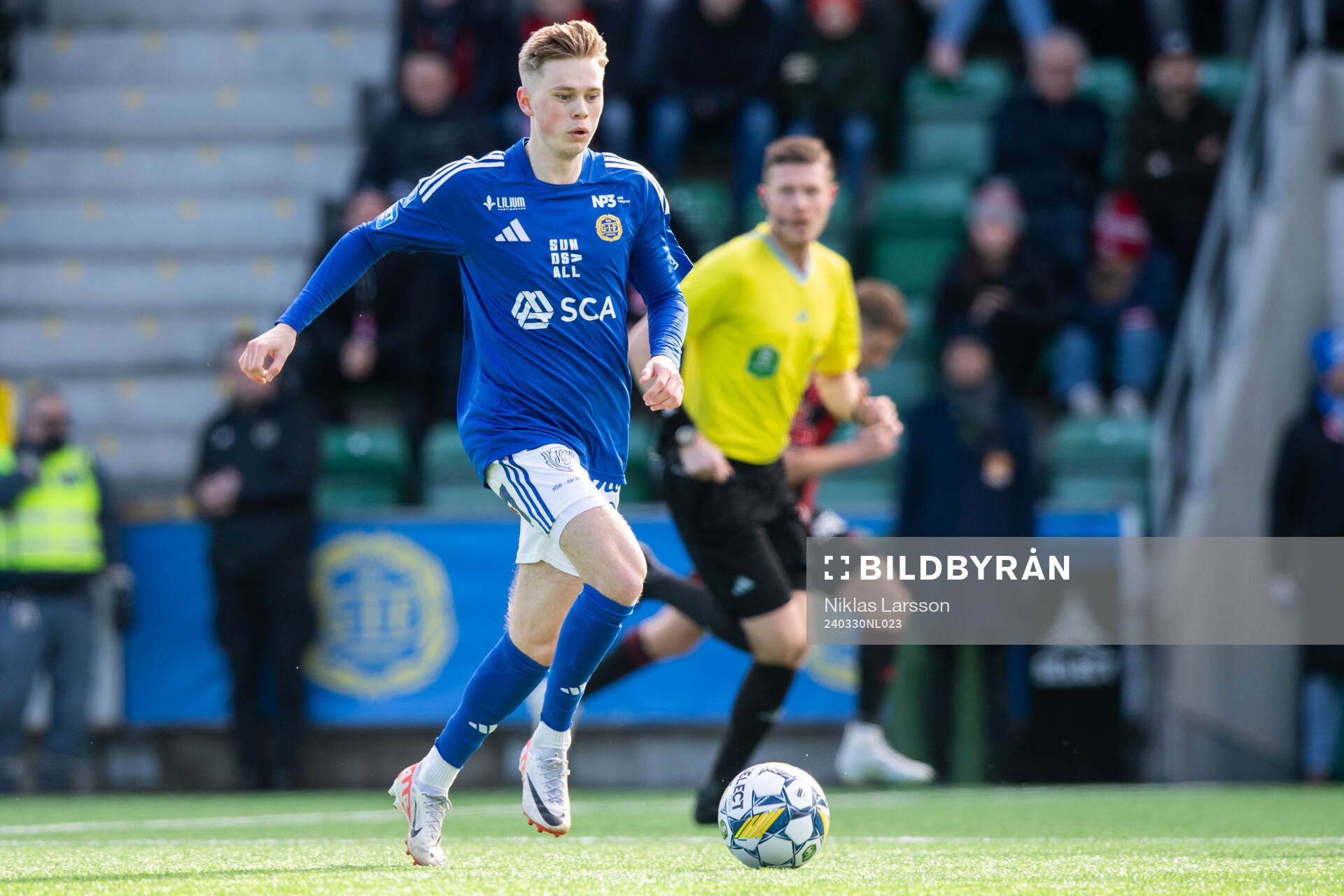 GIF Sundsvalls Gustav Nordh under fotbollsmatchen i Superettan mellan GIF Sundsvall och Östersund den 30 mars 2024 i Sundsvall. 