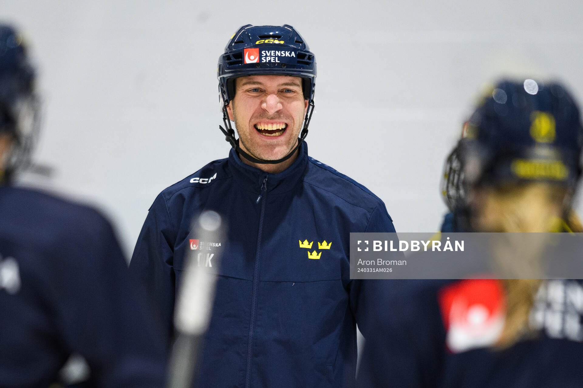 Goaltender coach Ola Kahem of Sweden at a practice session