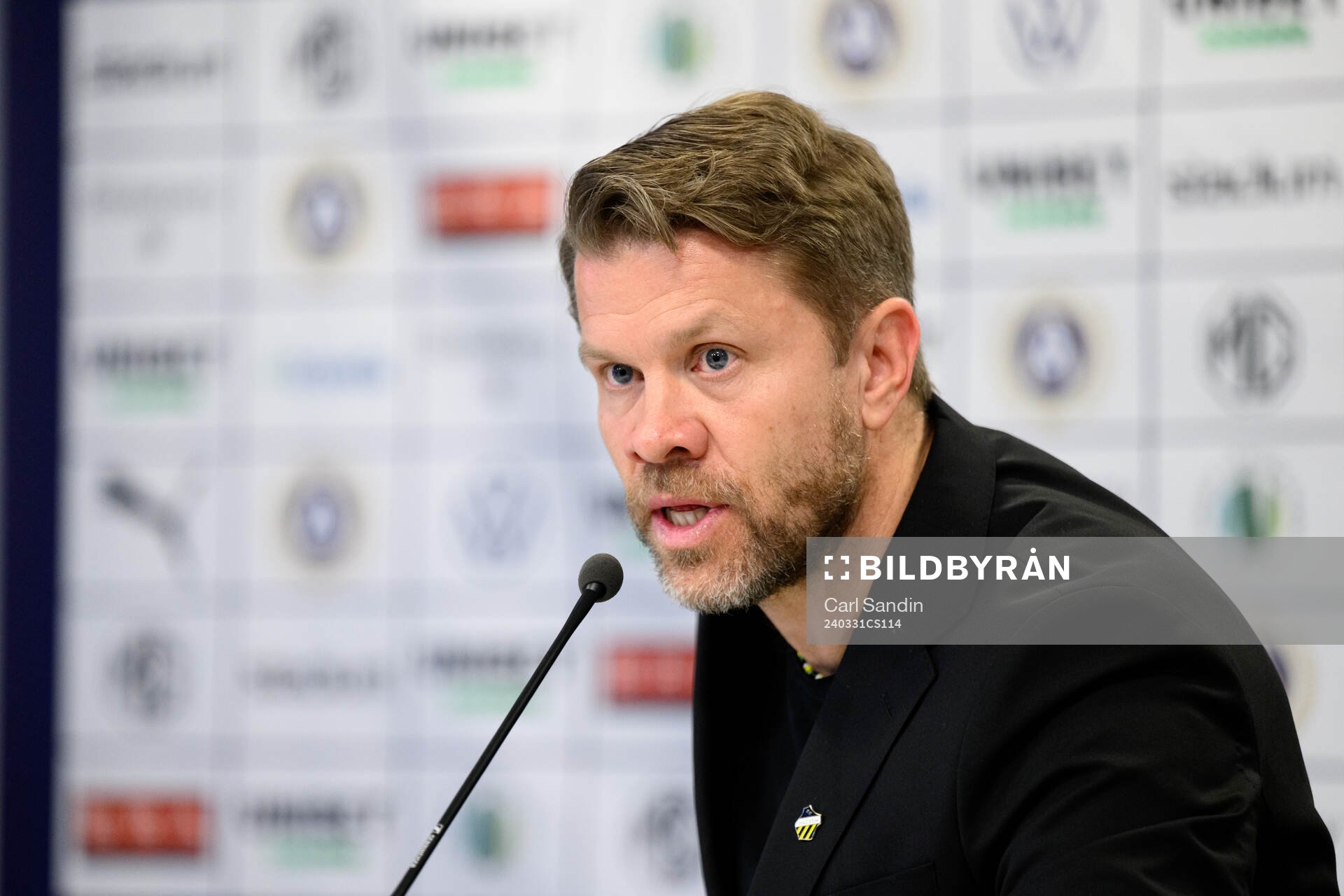 Häckens tränare Pål Arne Johansen på presskonferensen efter fotbollsmatchen i Allsvenskan mellan Häcken och Mjällby den 31 mars 2024 i Göteborg.