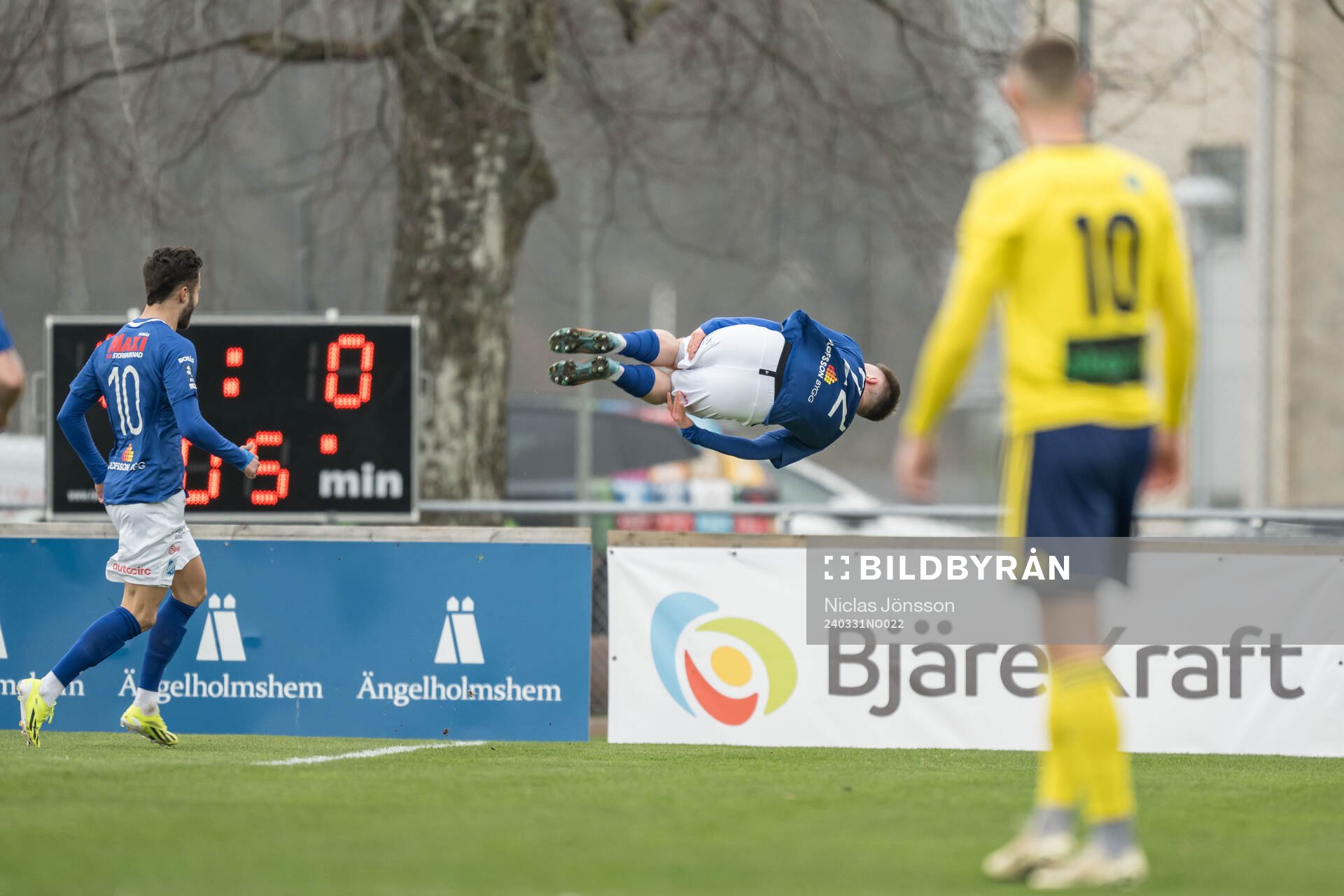 Norrby IFs Teo Helge jublar efter 0-1 under fotbollsmatchen i Division 1 Södra mellan Ängelholm och Norrby IF den 31 mars 2024 i Ängelholm.