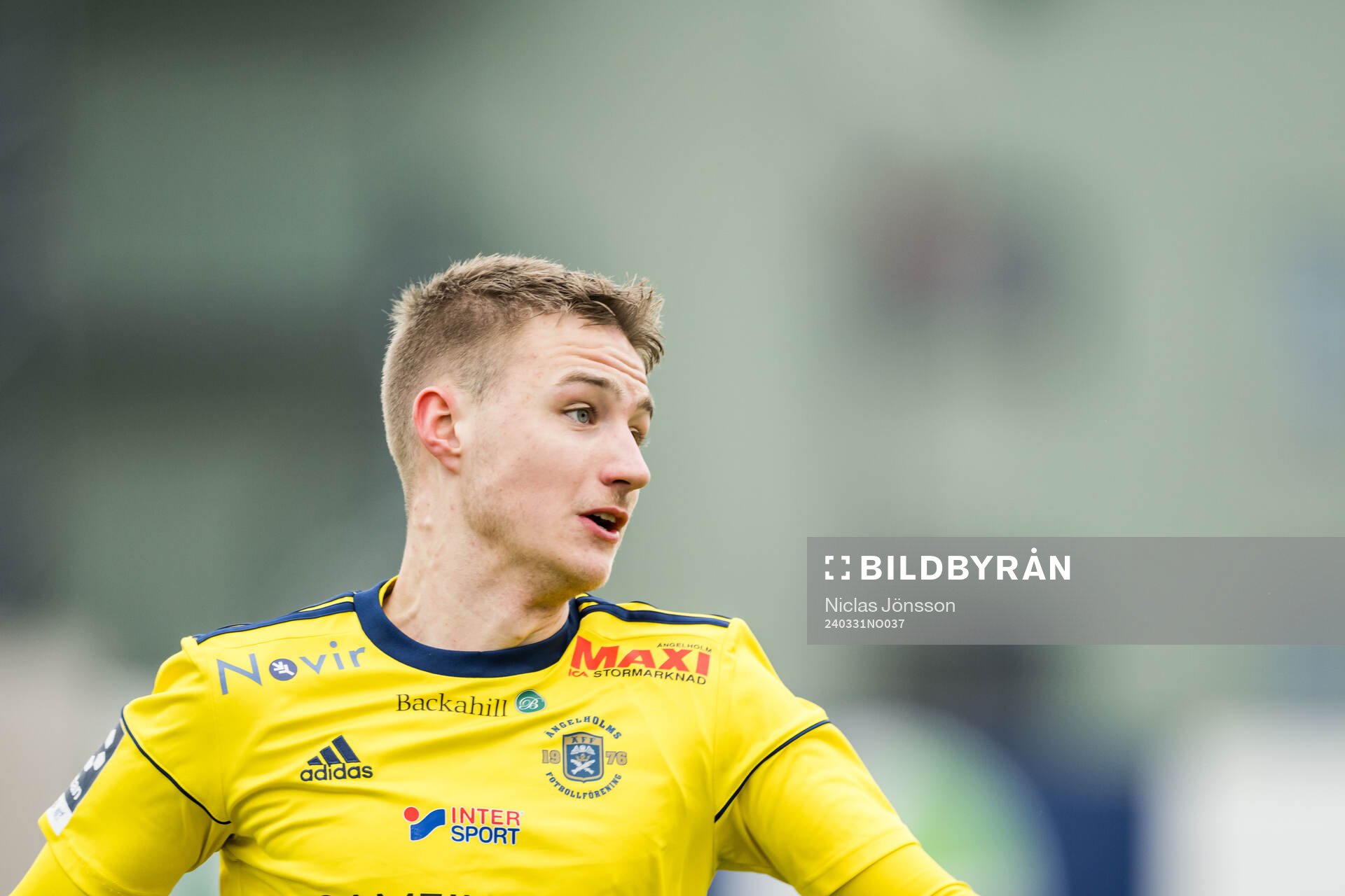 Ängelholms André Gustafson under fotbollsmatchen i Division 1 Södra mellan Ängelholm och Norrby IF den 31 mars 2024 i Ängelholm. 