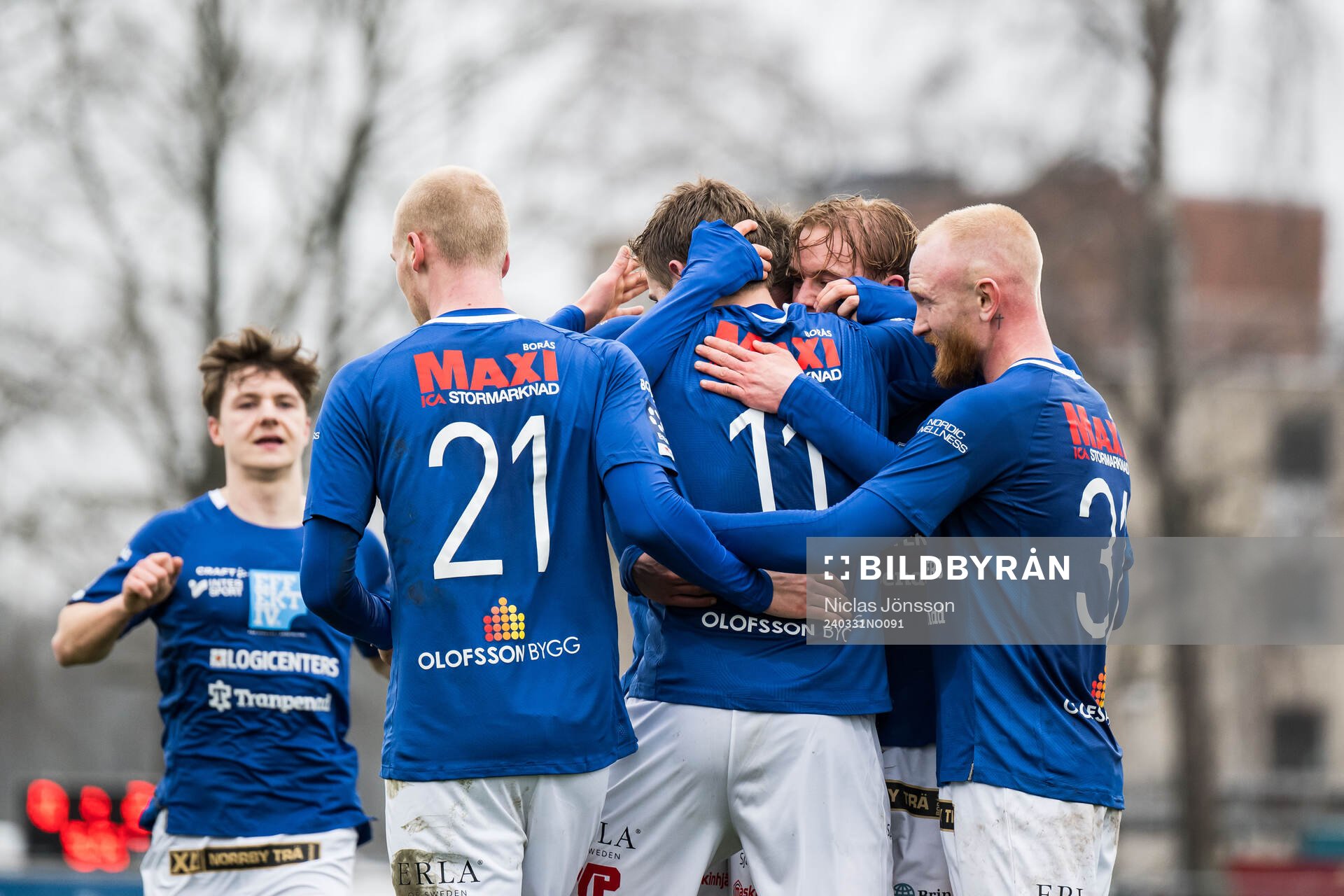 Norrby IFs Max Andersson jublar efter 0-3 under fotbollsmatchen i Division 1 Södra mellan Ängelholm och Norrby IF den 31 mars 2024 i Ängelholm.