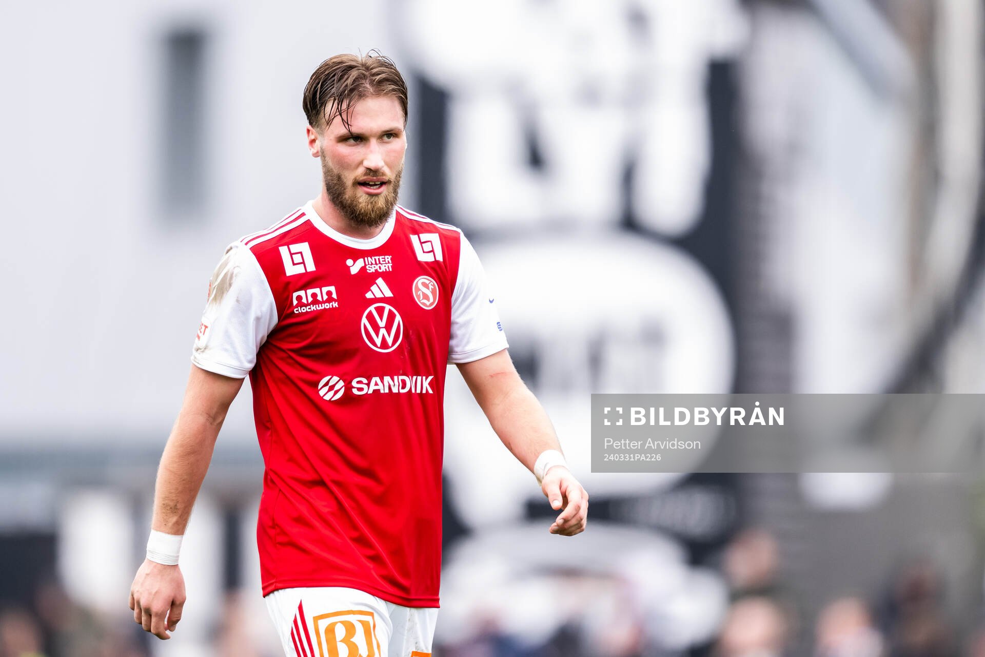 Sandvikens IFs Kasper Harletun under fotbollsmatchen i Superettan mellan Landskrona och Sandvikens IF den 31 mars 2024 i Landskrona.