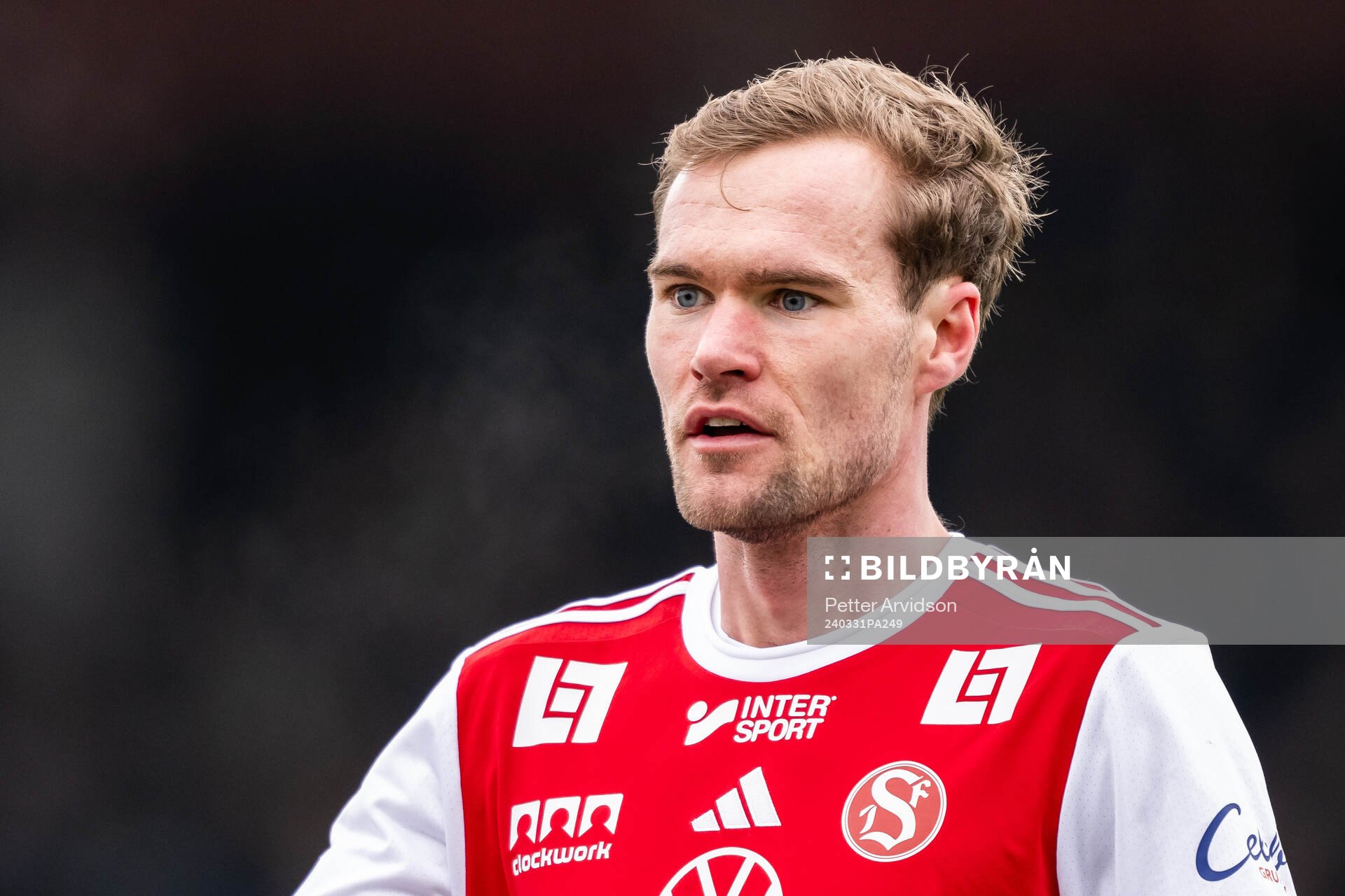 Sandvikens IFs Martin Springfeldt under fotbollsmatchen i Superettan mellan Landskrona och Sandvikens IF den 31 mars 2024 i Landskrona.