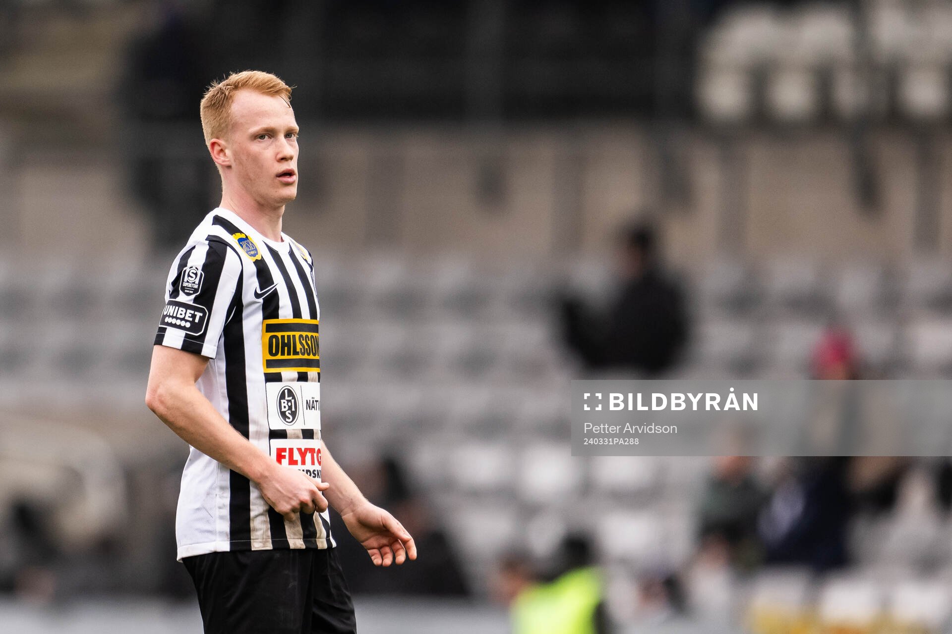 Landskronas David Edvardsson under fotbollsmatchen i Superettan mellan Landskrona och Sandvikens IF den 31 mars 2024 i Landskrona.