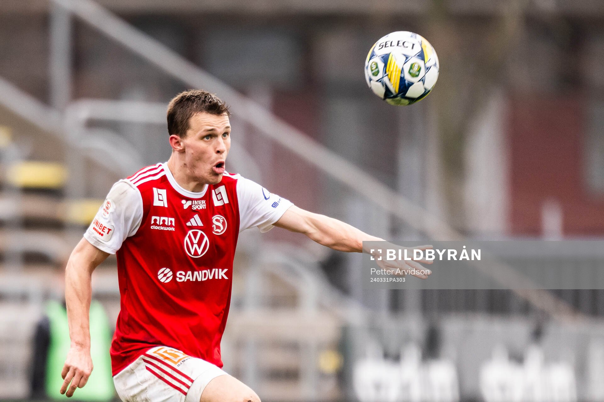 Sandvikens IFs Daniel Söderberg under fotbollsmatchen i Superettan mellan Landskrona och Sandvikens IF den 31 mars 2024 i Landskrona.
