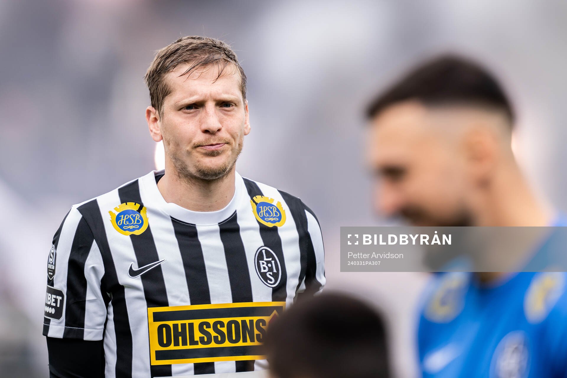 Landskronas Philip Andersson inför fotbollsmatchen i Superettan mellan Landskrona och Sandvikens IF den 31 mars 2024 i Landskrona.