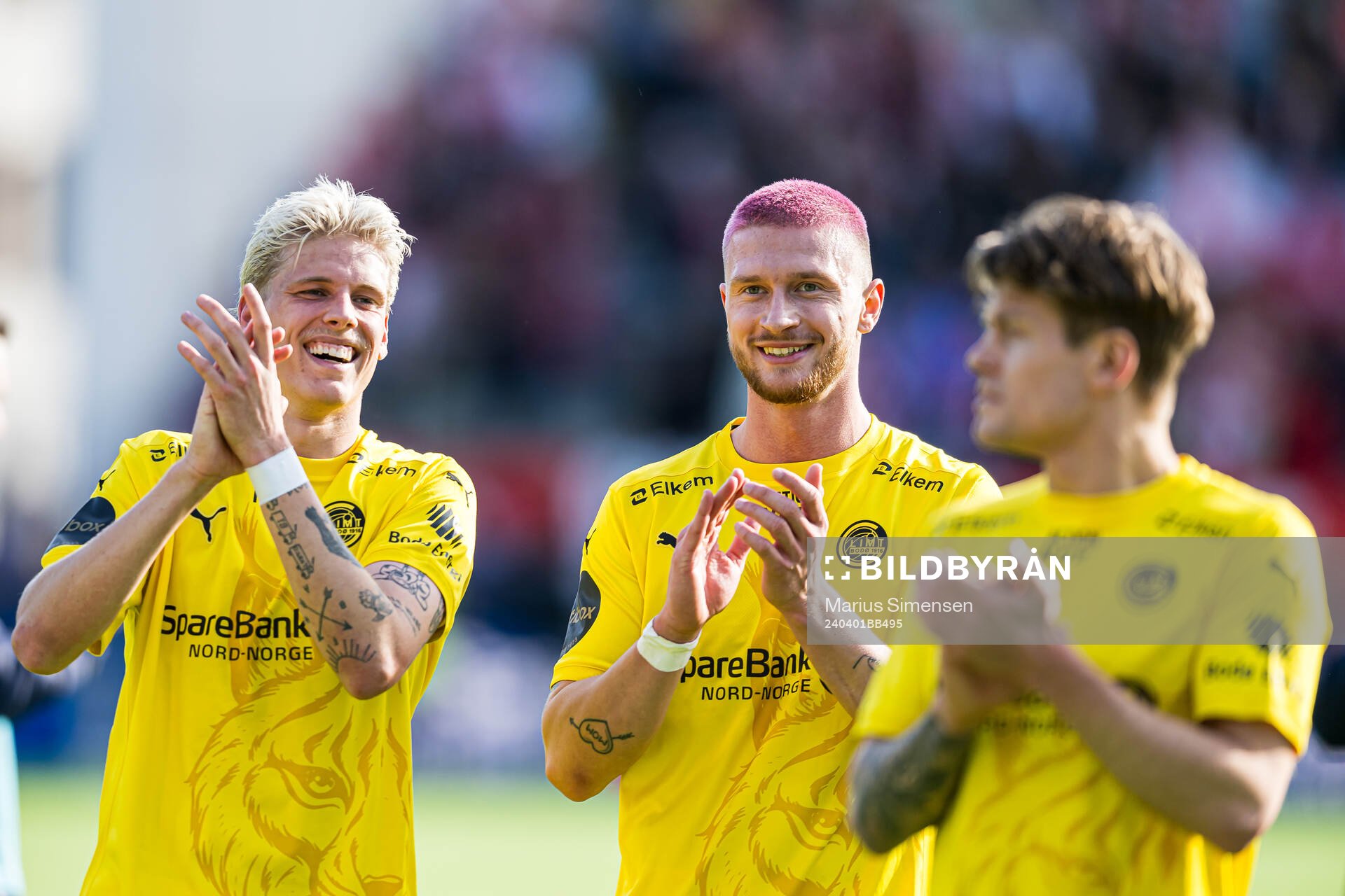 Albert Grønbæk and Kasper Høgh of Bodø/Glimt celebrates after the Eliteserien match between Fredrikstad and Bodø/Glimt on April 1, 2024 in Fredrikstad.