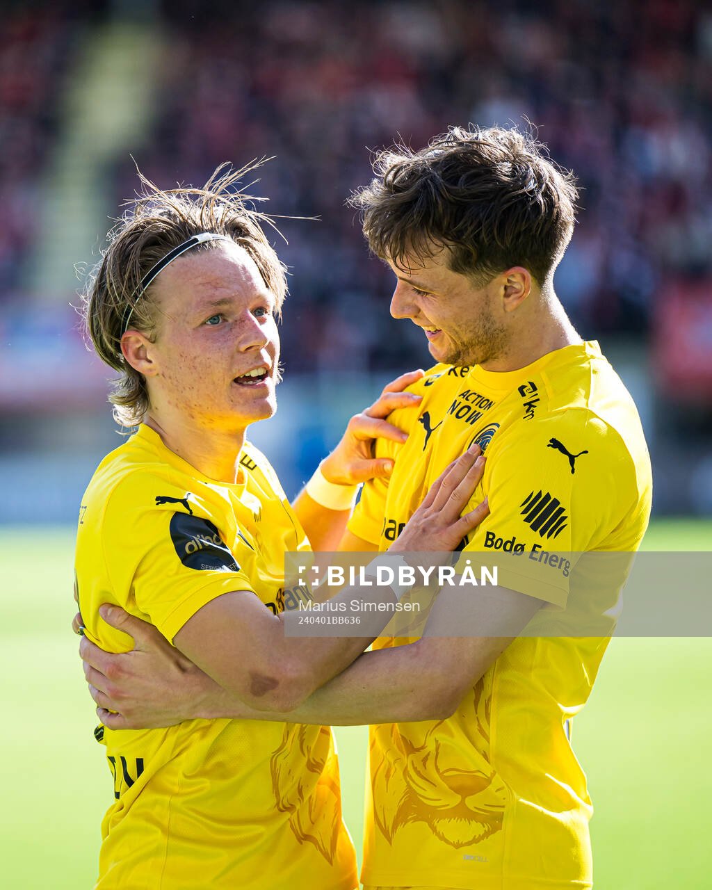 August Mikkelsen of Bodø/Glimt celebrates after scoring the 0-2 goal during the Eliteserien match between Fredrikstad and Bodø/Glimt on April 1, 2024 in Fredrikstad.