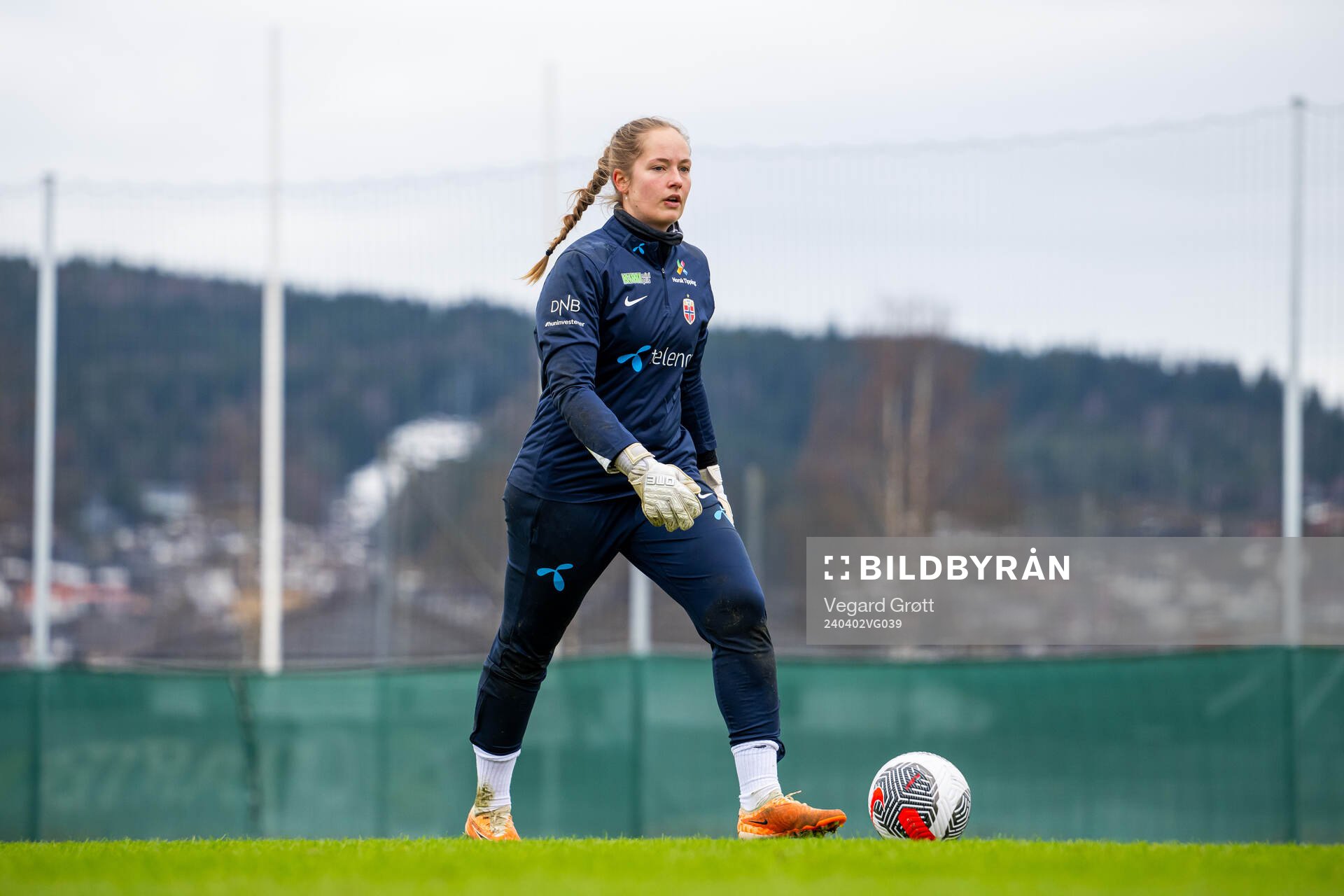 Goalkeeper Aurora Mikalsen of the Norwegian women's national football team during a training session on April 2, 2024 in Lillestrøm.