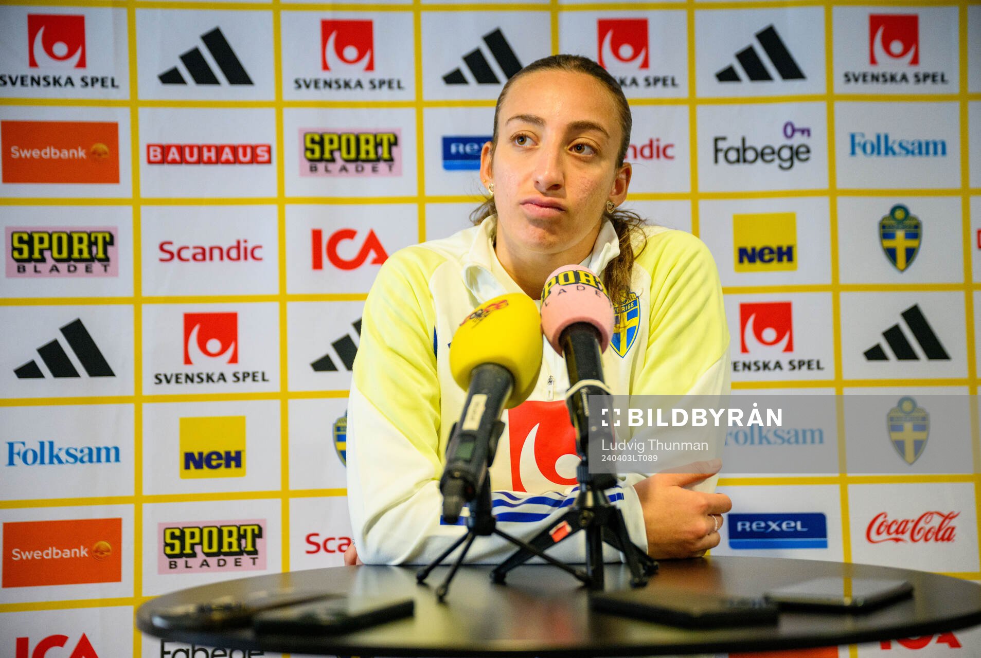 Rusul Rosa Kafaji of Sweden of the women's national football team of Sweden is interviewed by the media on April 3, 2024 in London. 
