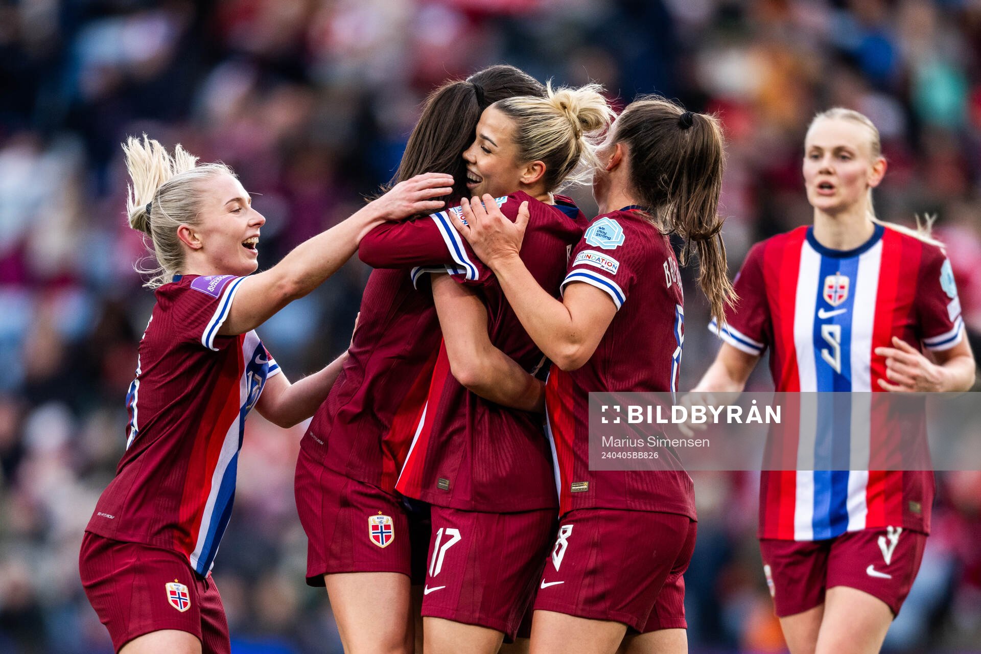 Celin Bizet Ildhusøy of Norway celebrates with team mates